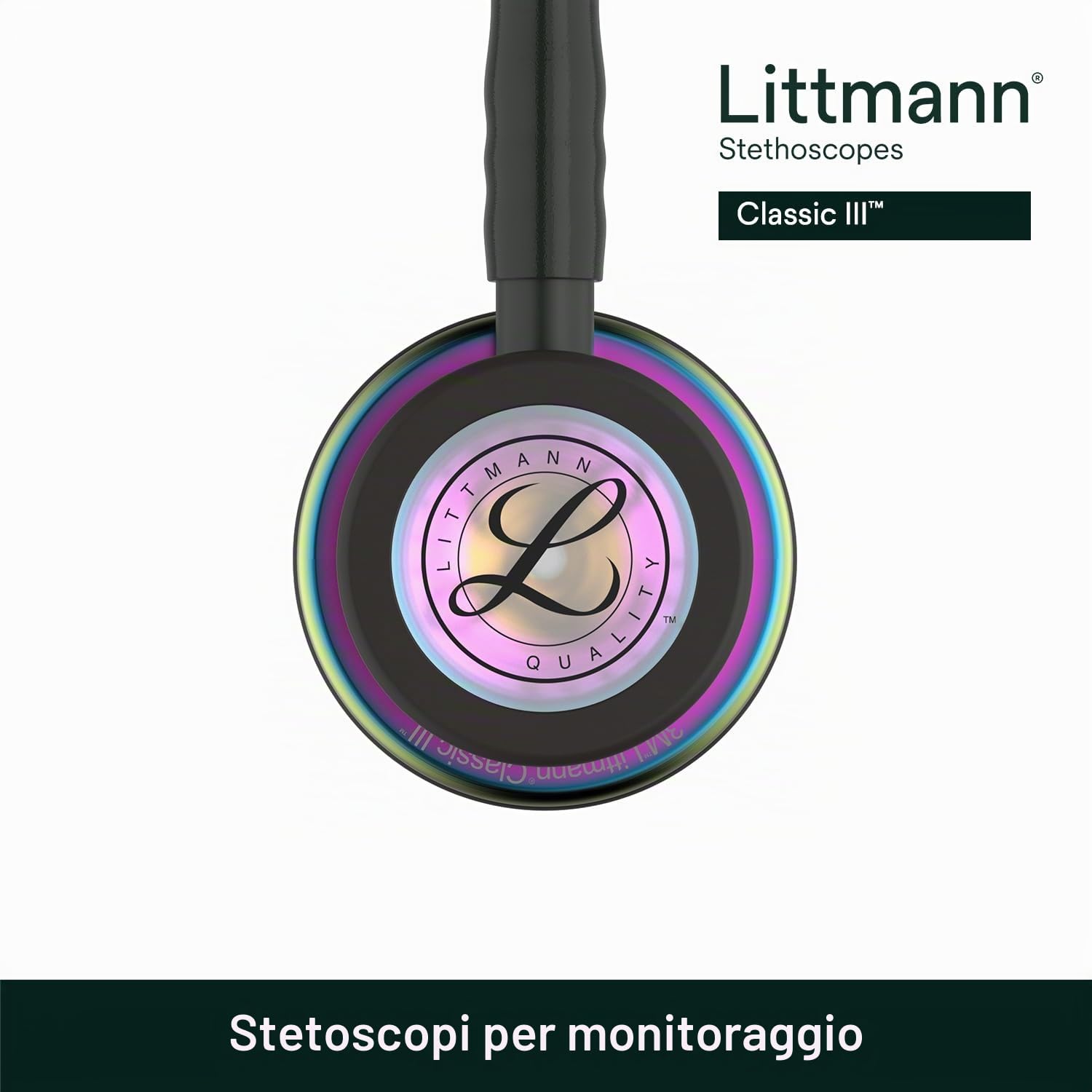 3M Littmann Stetoscopio per il monitoraggio Classic III, testina con finitura arcobaleno, connettore e archetto neri, tubo auricolare nero, 69 cm, 5870