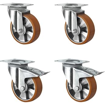 Set of 4 Heavy Duty Castors 200 mm - 1800 kg Load Capacity - 2 Swivel Castors with Brake & 2 Swivel Castors - PU Tread & Aluminium Wheel Centre - Industrial Castors with Double Ball Bearings - Transport Castors Robust