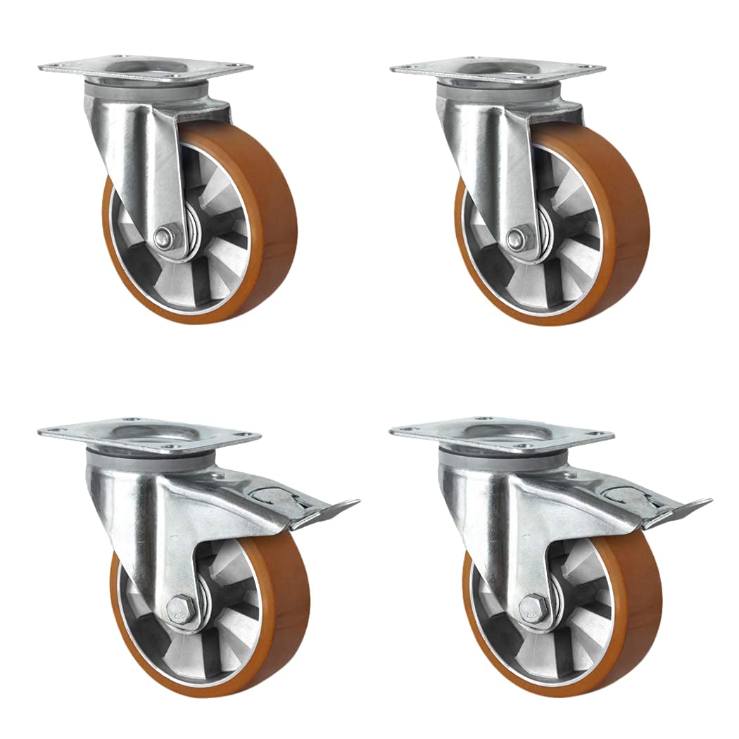 Abrollwerk Set di 4 ruote di carico pesanti 200 mm – 1800 kg – 2 ruote girevoli con freno & 2 ruote girevoli – battistrada in PU & corpo ruota in alluminio – ruote industriali con doppio cuscinetto a
