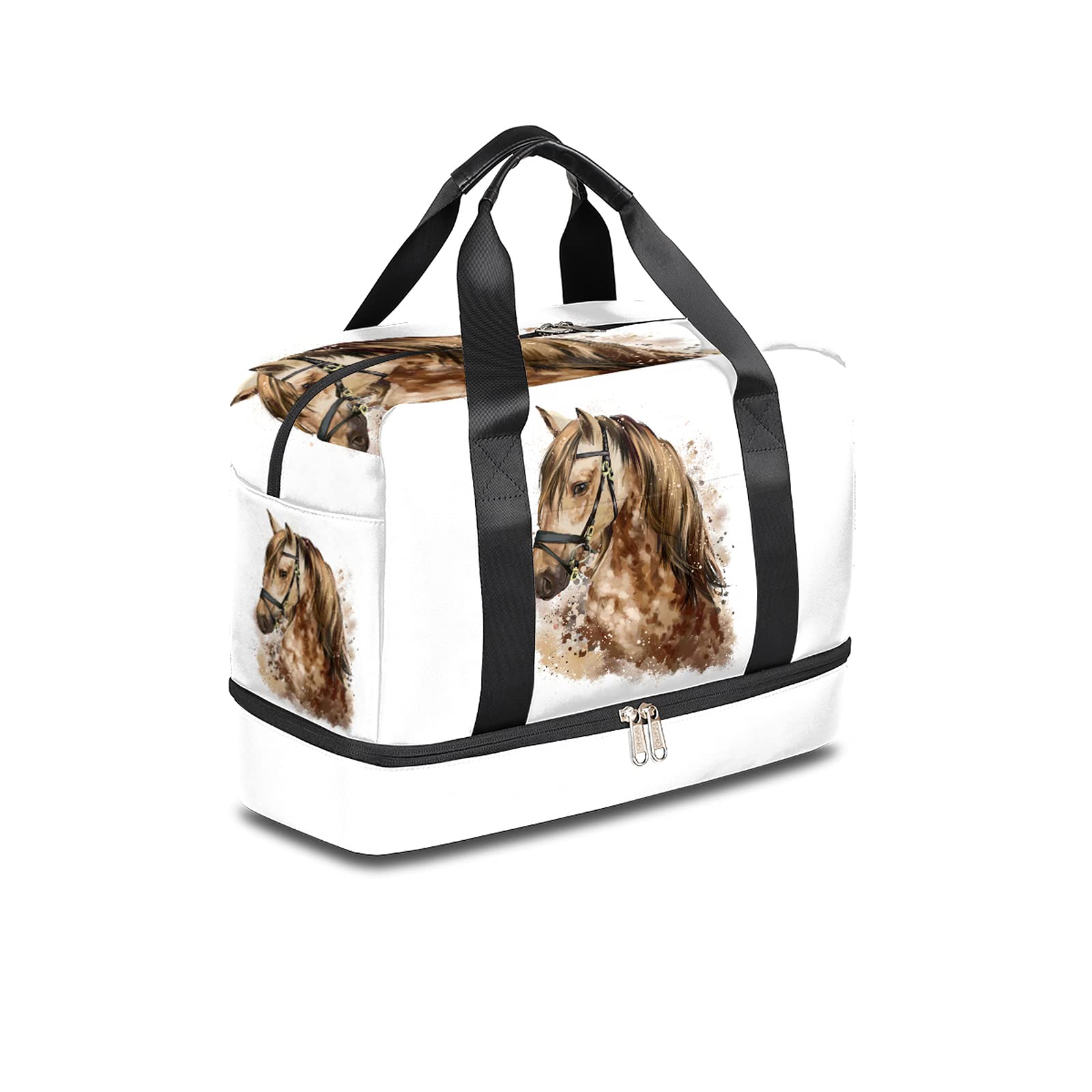 Horse Sports Gym Bag with Shoes Compartment,Watercolor Animal Painting Travel Duffel Bag for Men Women Boys Girls Teens Overnight Weekend Yoga Workout Bag Training Handbag