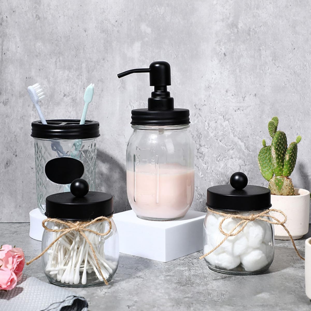 Glass Bathroom Accessory Set with Toothbrush Cup and Lotion Dispenser Bottle, Black Lid Mason Jar Style, Glass Swab Storage Jar for Home Personal Washing Use