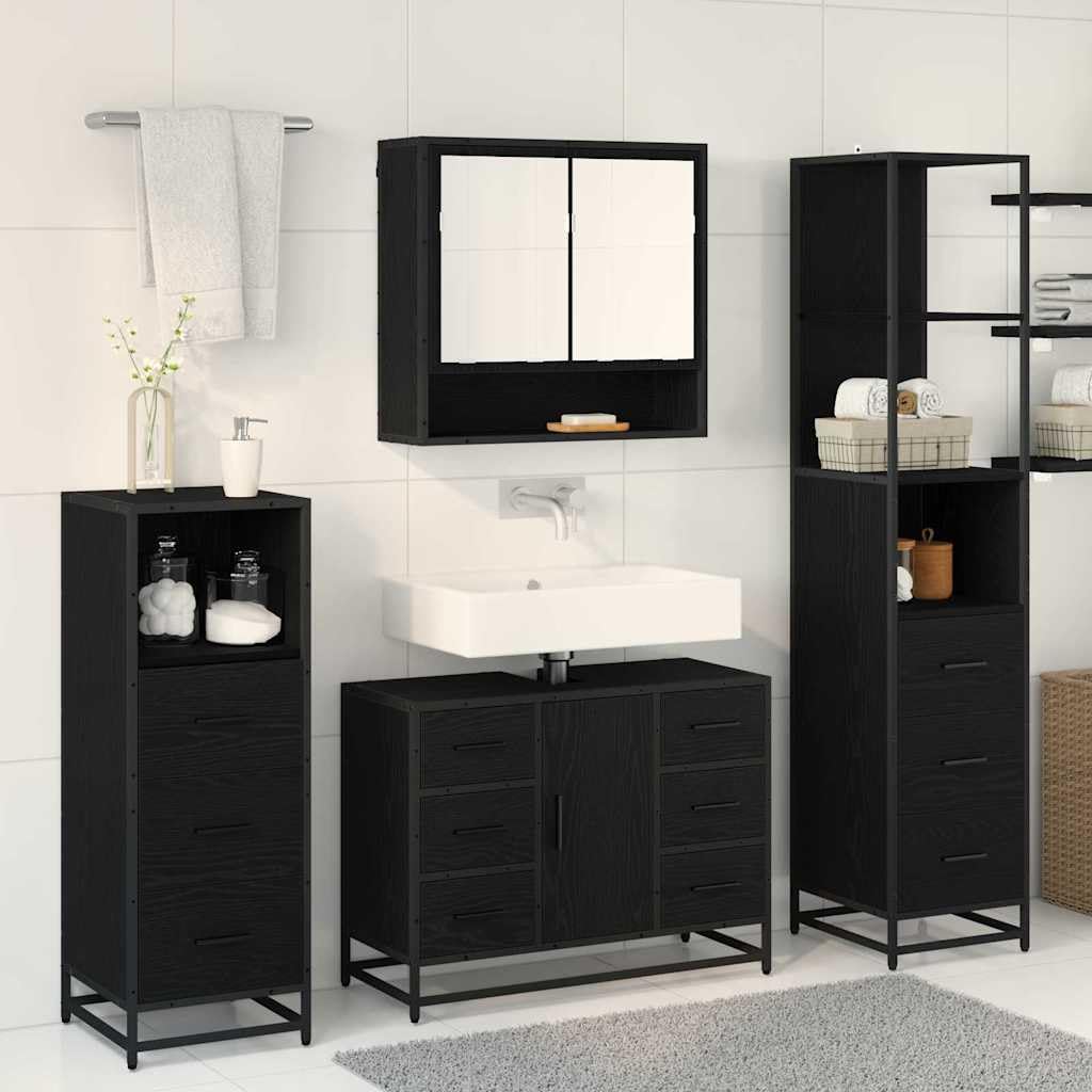 Set di mobili da bagno nero effetto rovere in legno, lavabo con mobiletto sottolavabo, armadietto a specchio, armadietto alto, pensile per ordine e spazio in bagno
