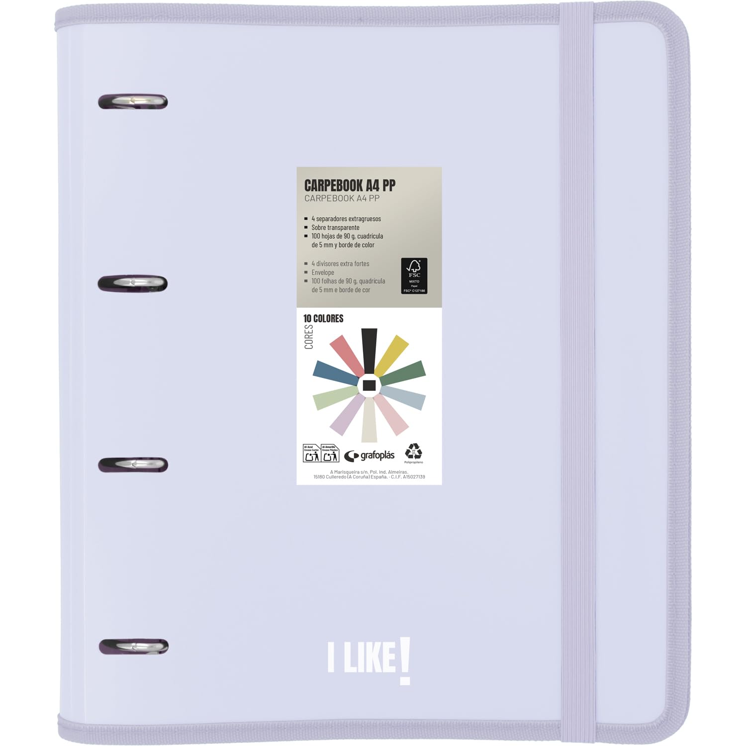 Grafoplas - Archivador 4 Anillas Plastico a4 con Recambio, Carpebook Like Lavanda Soft, Incluye Hojas Cuadros 90g 5x5 Bordes Color, Separadores, Sobre con Cierre, Pegatinas y Hojas Planner, Lomo Curvo