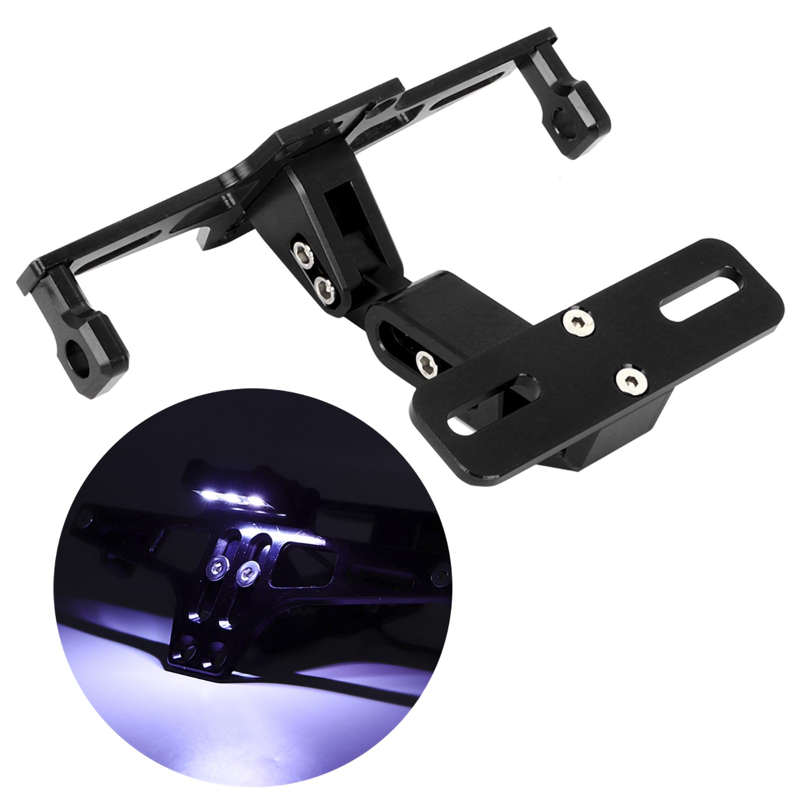 Qiilu - Soporte de matrícula para moto, soporte de matrícula telescópico ajustable de aleación de aluminio con luz LED(Negro)
