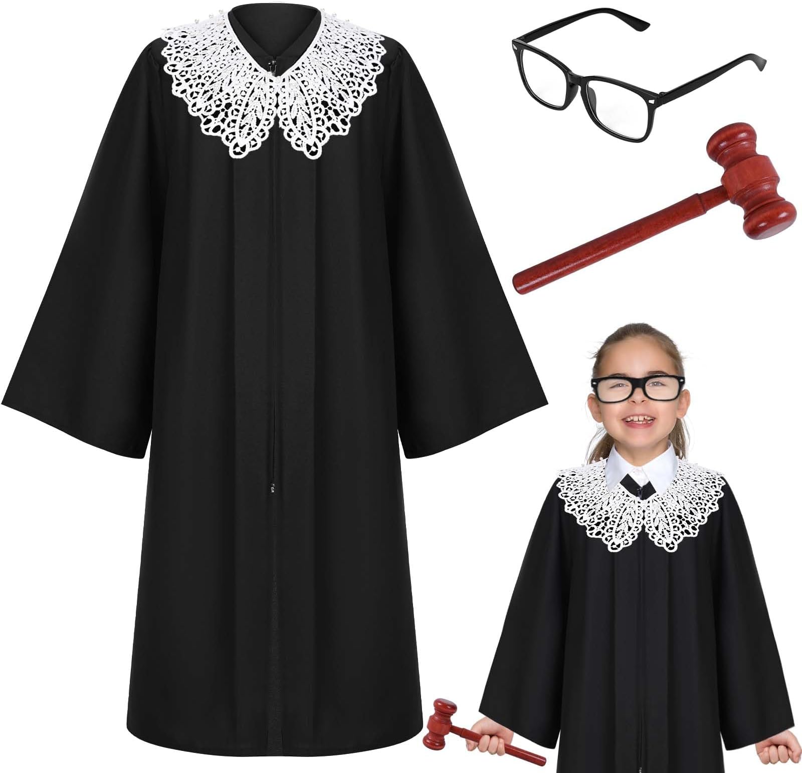 4 Pcs Judge Laywer Costume with Judge Robe False Collar Gavel and Glasses for Kids Halloween Career Day Dress Up