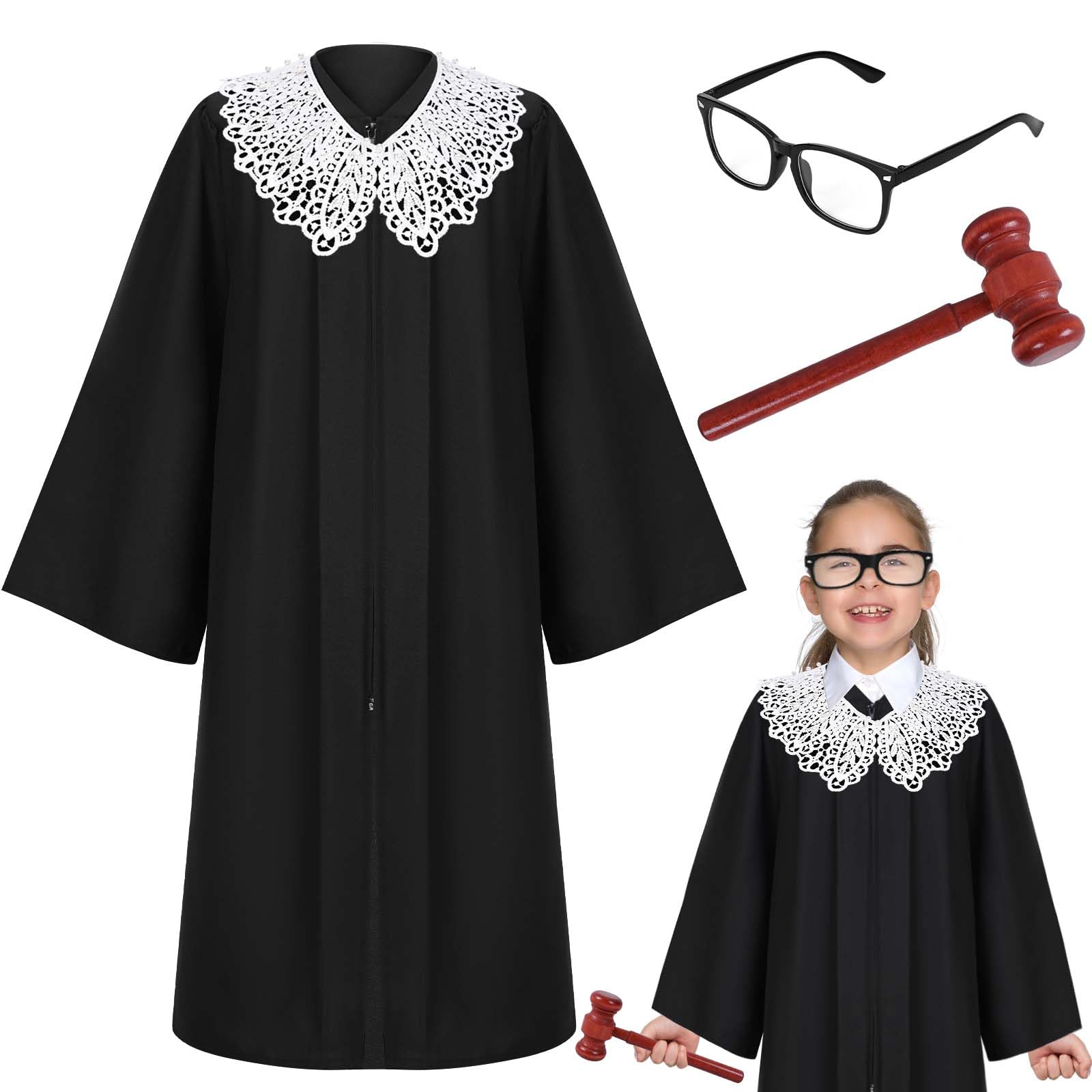 Kavoc 4 Pcs Judge Laywer Costume with Judge Robe False Collar Gavel and Glasses for Kids Halloween Career Day Dress Up