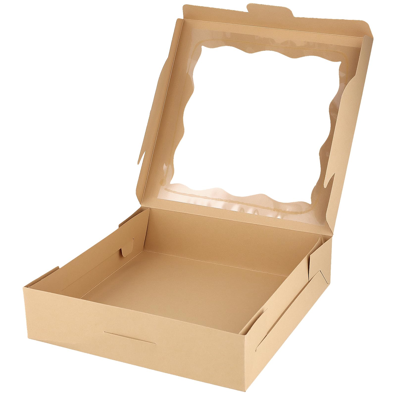 Paquete de 50 cajas cuadradas de papel kraft para panadería de 10 x 10 x 2.5 pulgadas con ventana transparente, cajas grandes para tartas, cajas planas marrones para pasteles