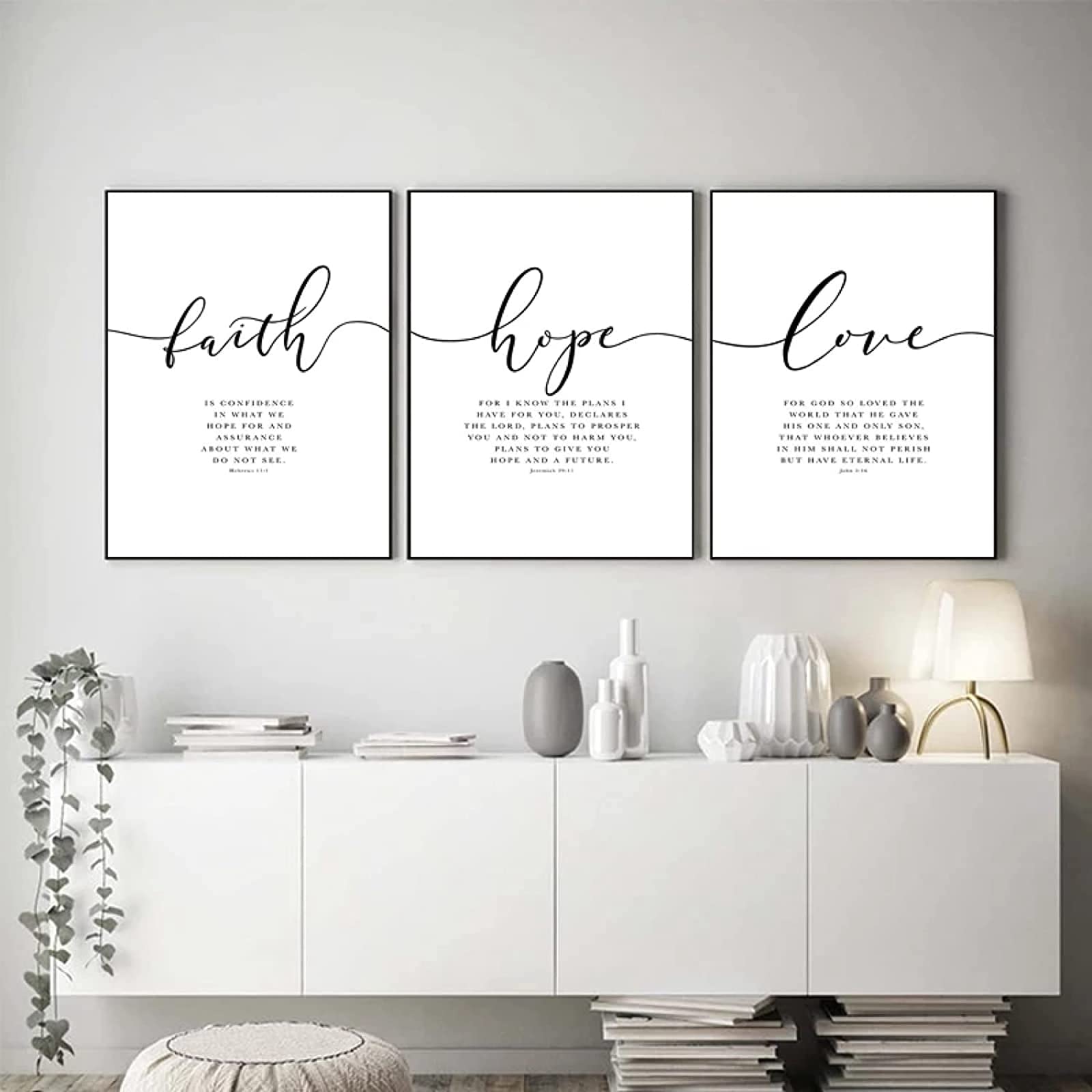 Peintures décoration moderne salon triptyque Faith Hope Love