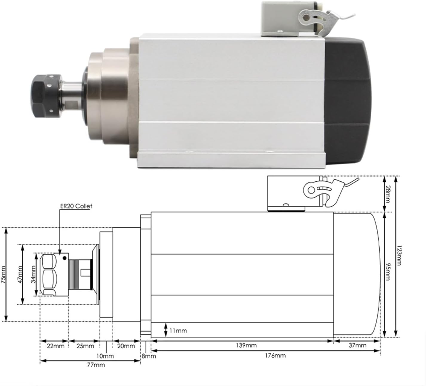 220v 1.5kw ER20 square air cooled spindle motor, 4 P4 bearings and H100 1.5kw 1000hz variable frequency drive