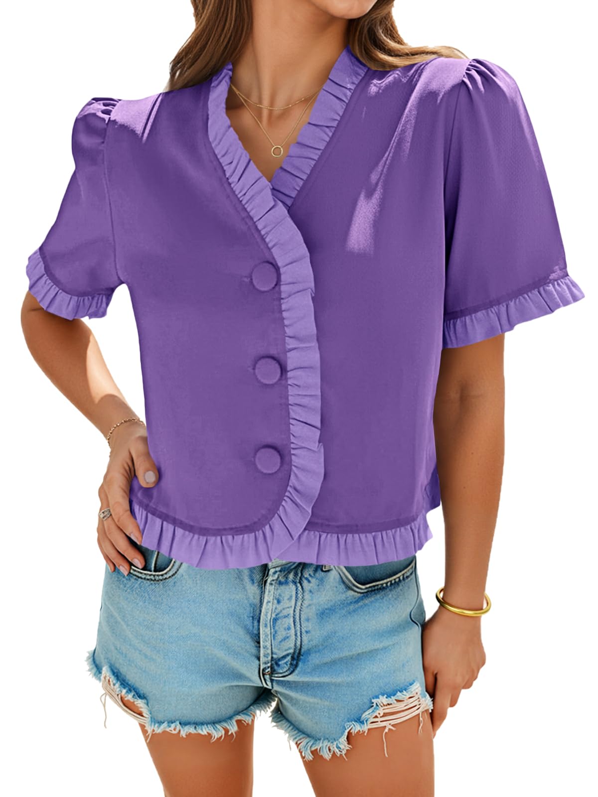 Photo 1 of ********BLUE COLOR***** Tankaneo Womens Cropped Short Puff Sleeve Tops V Neck Button Down Ruffle Trim T Shirts Summer Trendy Casual Tees 