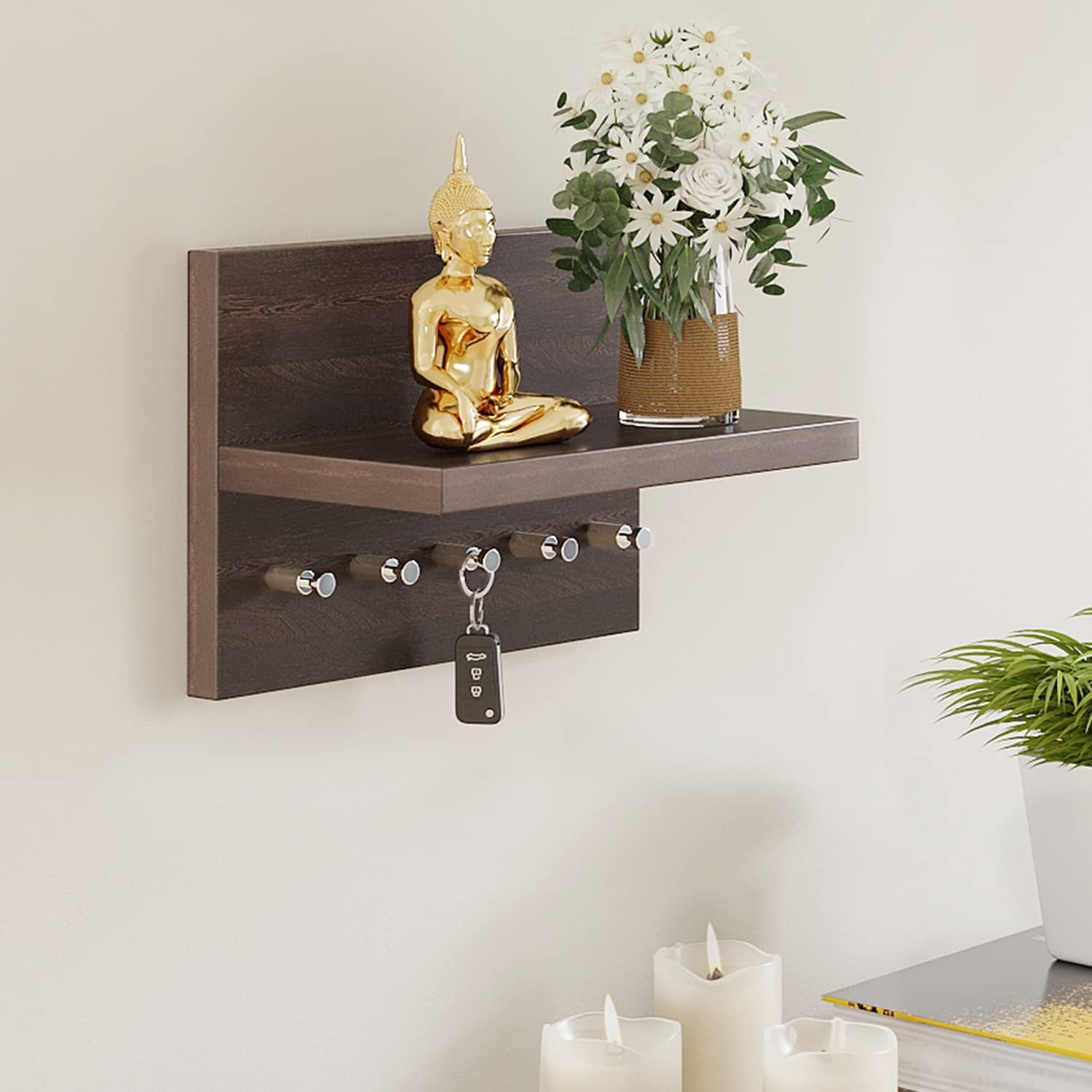 Skywood Engineered Wood Wall Mounted Decor Key Holder Hanger with 5 Hooks for Living Room Home Furniture (Key Hooks- for 5 Keys) (Wenge)