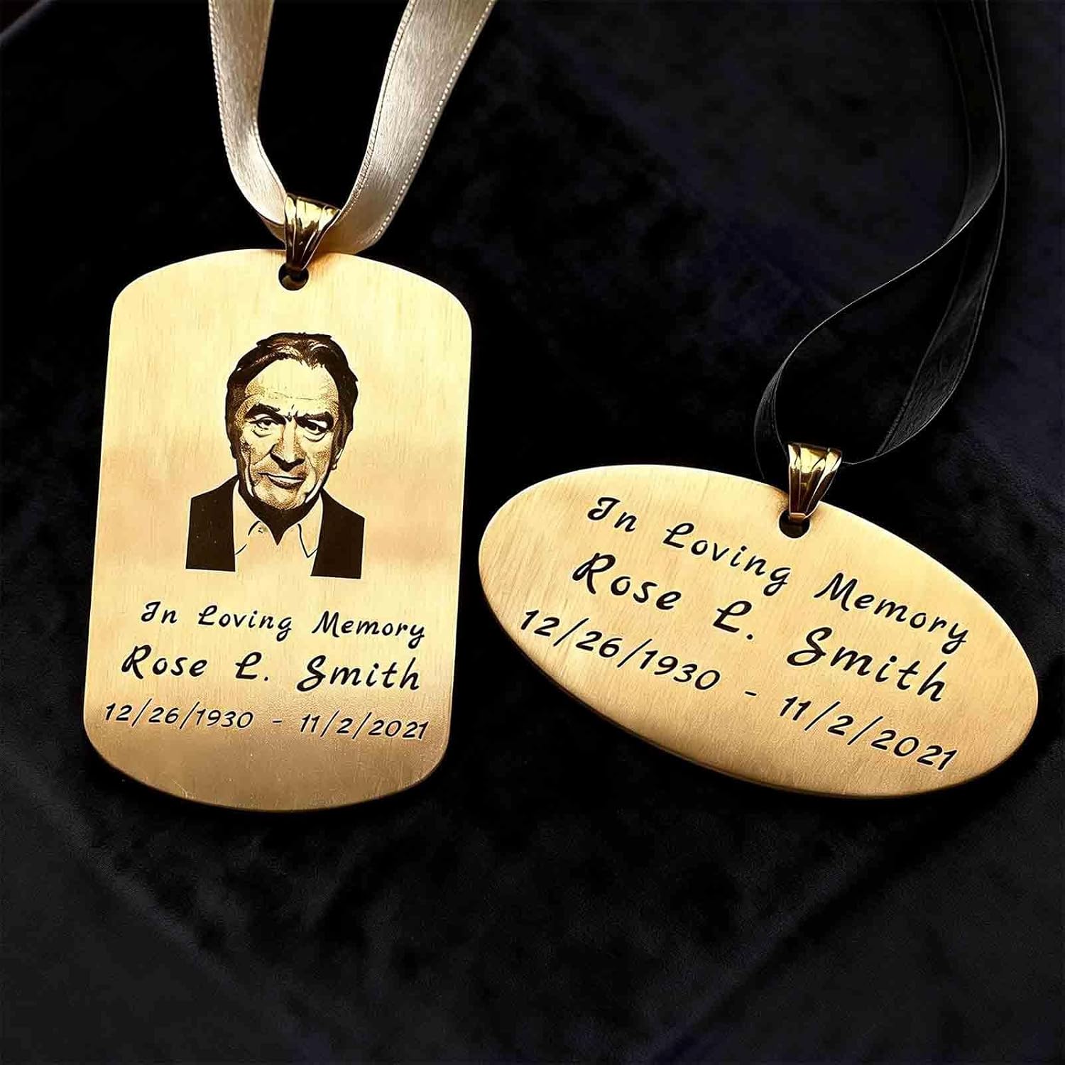 Engraved Hanging Urn Plaques with Ribbon - Name Plates for Urns - Engrave Brass with Photo - 2.8"x1.8"