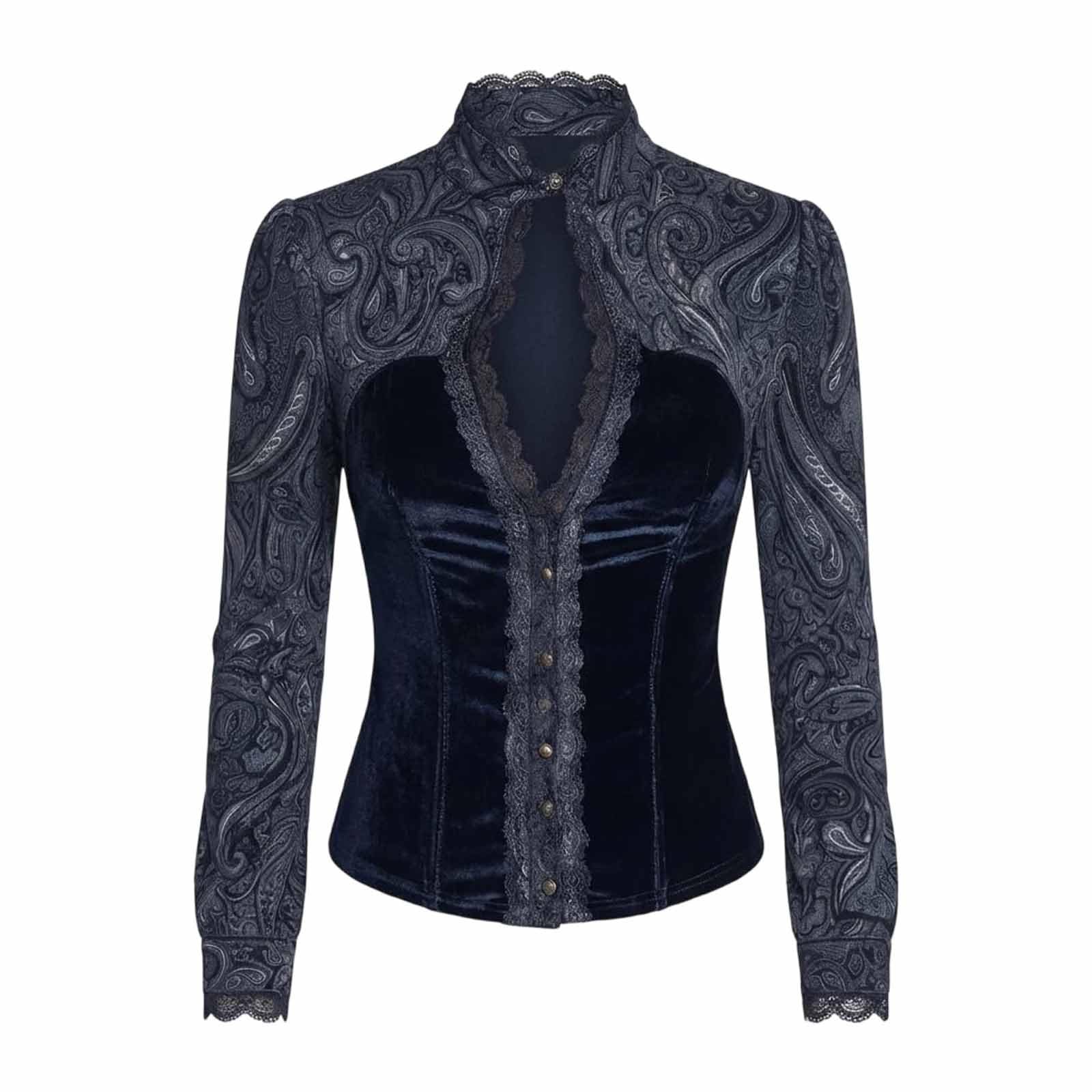 Top gotico da donna in velluto e pizzo, in pizzo, nero, casual, per l'Oktoberfest, traspirante, elegante, steampunk, per feste