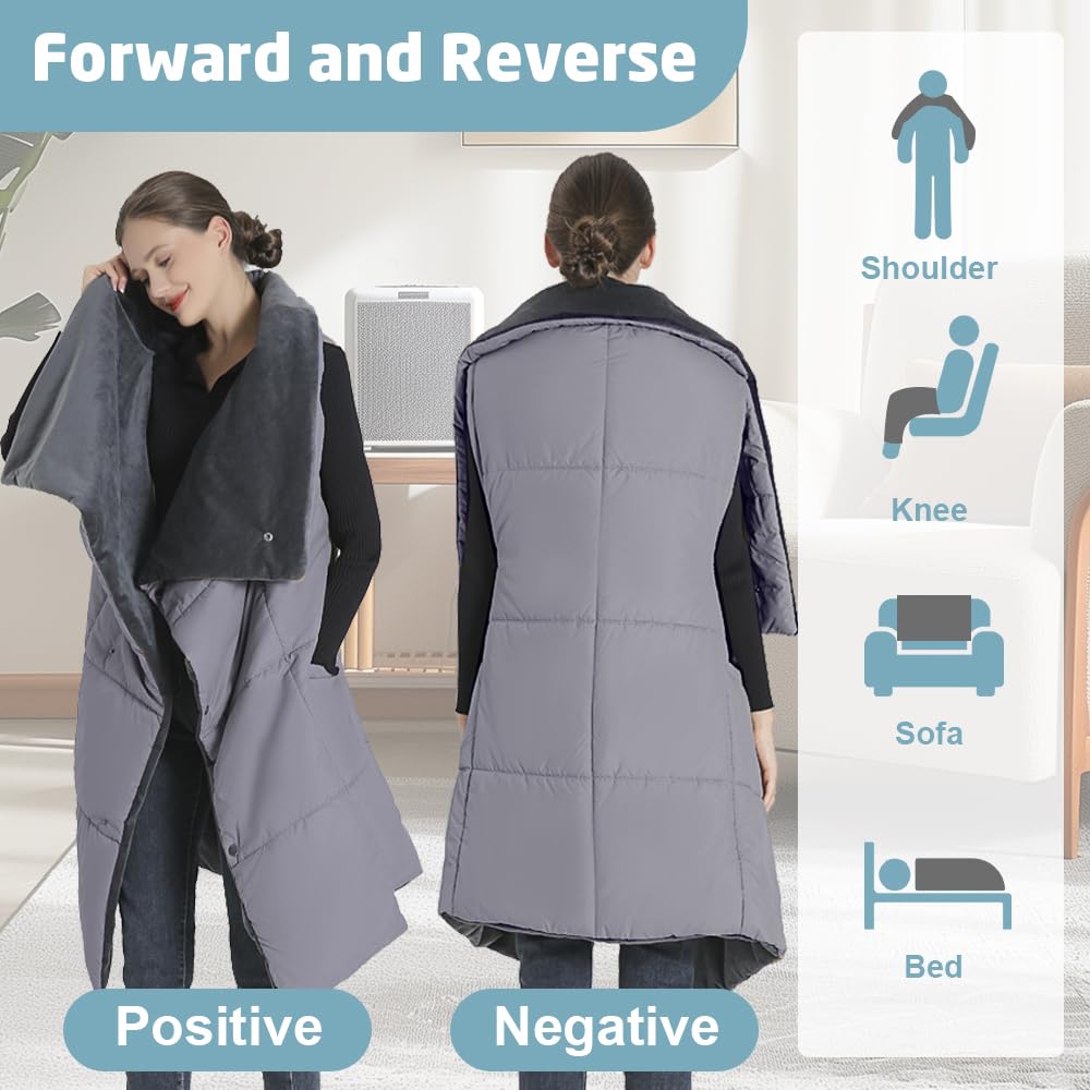 Coperta elettrica con batteria senza fili, 1600 mAh, 7,4 V, protezione dal surriscaldamento, coperta termica portatile senza fili, con 6 zone di riscaldamento e 3 livelli di temperatura per