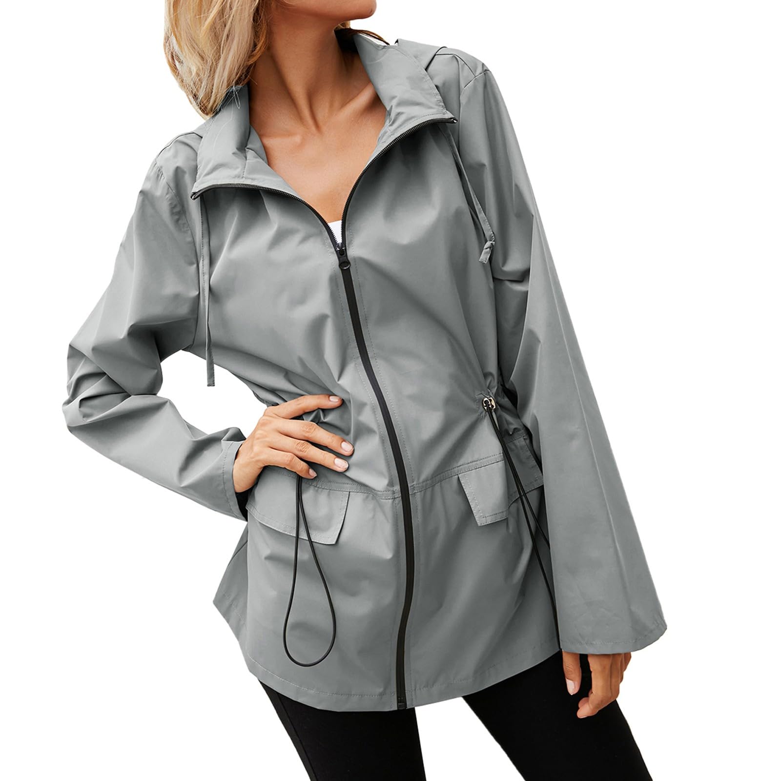 Genérico Chaqueta Mujer-Abrigo Jacekt Con Cintura Con Capucha Para Mujer Abrigo Impermeable Con Cremallera Para Exteriores Chaqueta De MontañIsmo Chaqueta Larga Con Bolsillo SóLido