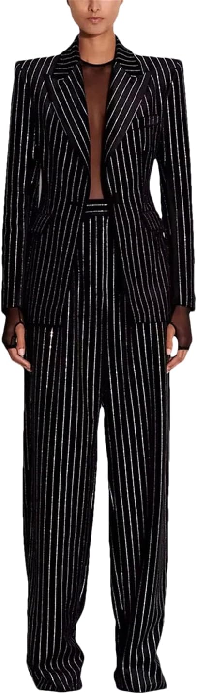 High Street Suit Set Women's Single Buttons Striped Rhinestones Blazer Pants Suit 2Pcs