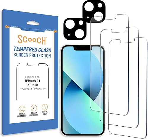 Scooch Protector de pantalla 5 en 1 para iPhone 13 3 unidades con protector de lente de cámara 2 unidades Vidrio templado 9H de alta calidad,