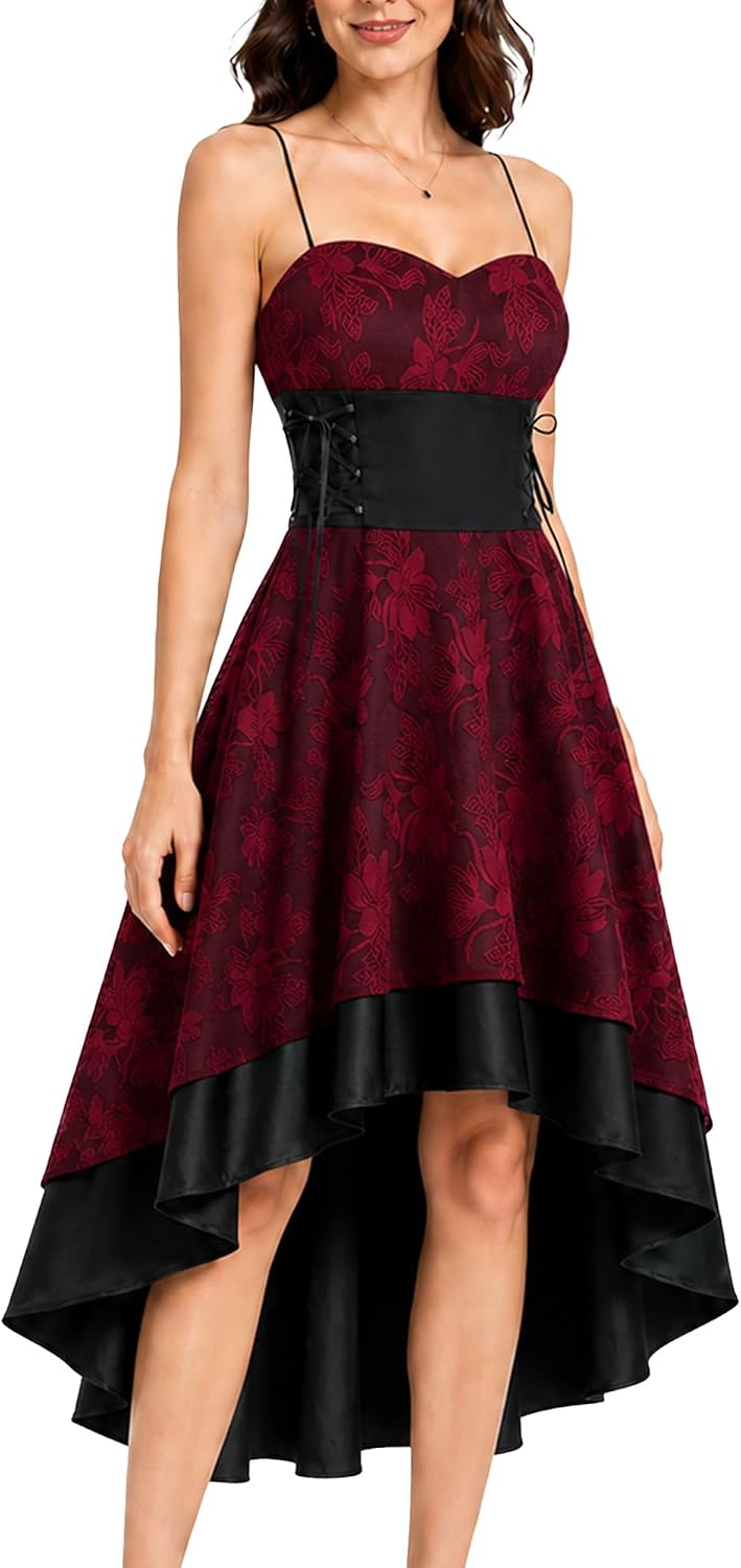 Steampunk Gothic High Low Dress for Women Vintage Floral Lace Dress Spaghetti Strap Lolita Dress Lace Up Corset Dresses