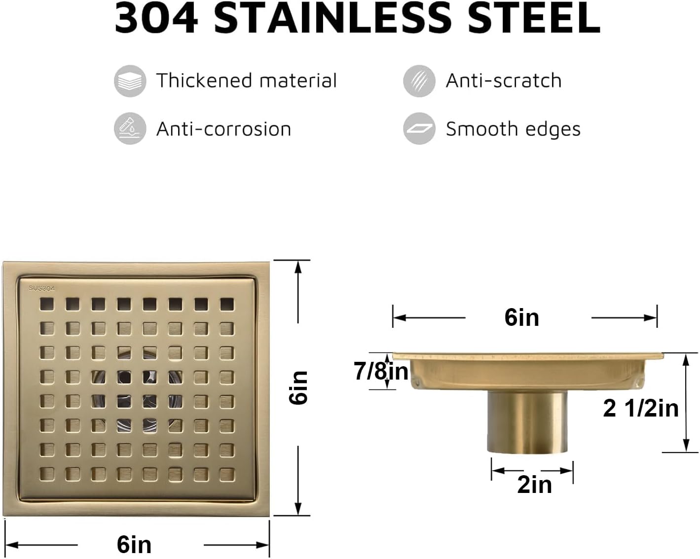 SISEHO"6-inch square floor drain pipe, 304 stainless steel bathroom/shower drain cover anti-blocking design, rust prevention, easy installation, with detachable filter screen" (6 Inch Brushed Gold)