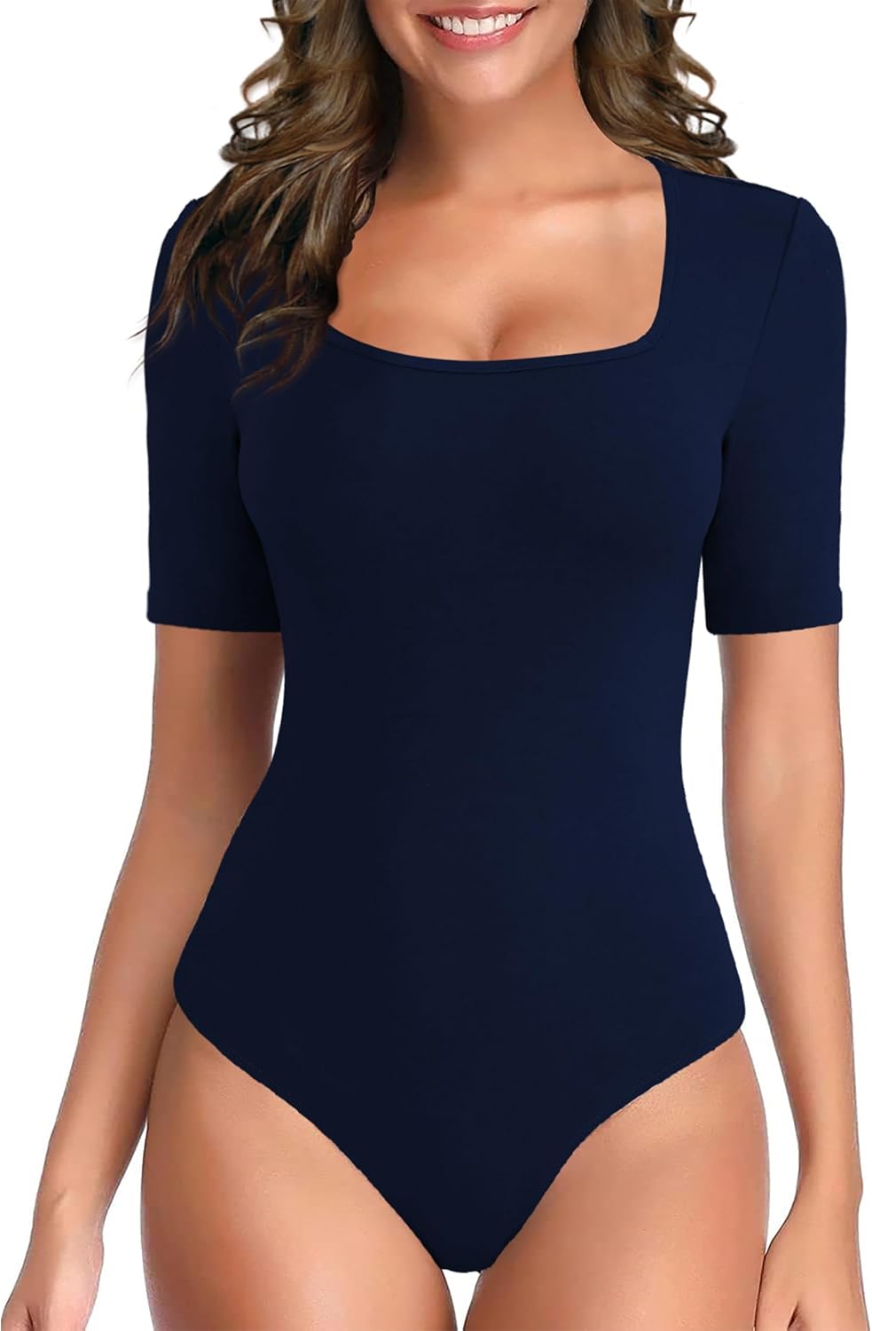 TQD Women's Square Neck Bodysuit Short Sleeve Bodysuit for Women Elbow Sleeve Tshirt Body Suit Top