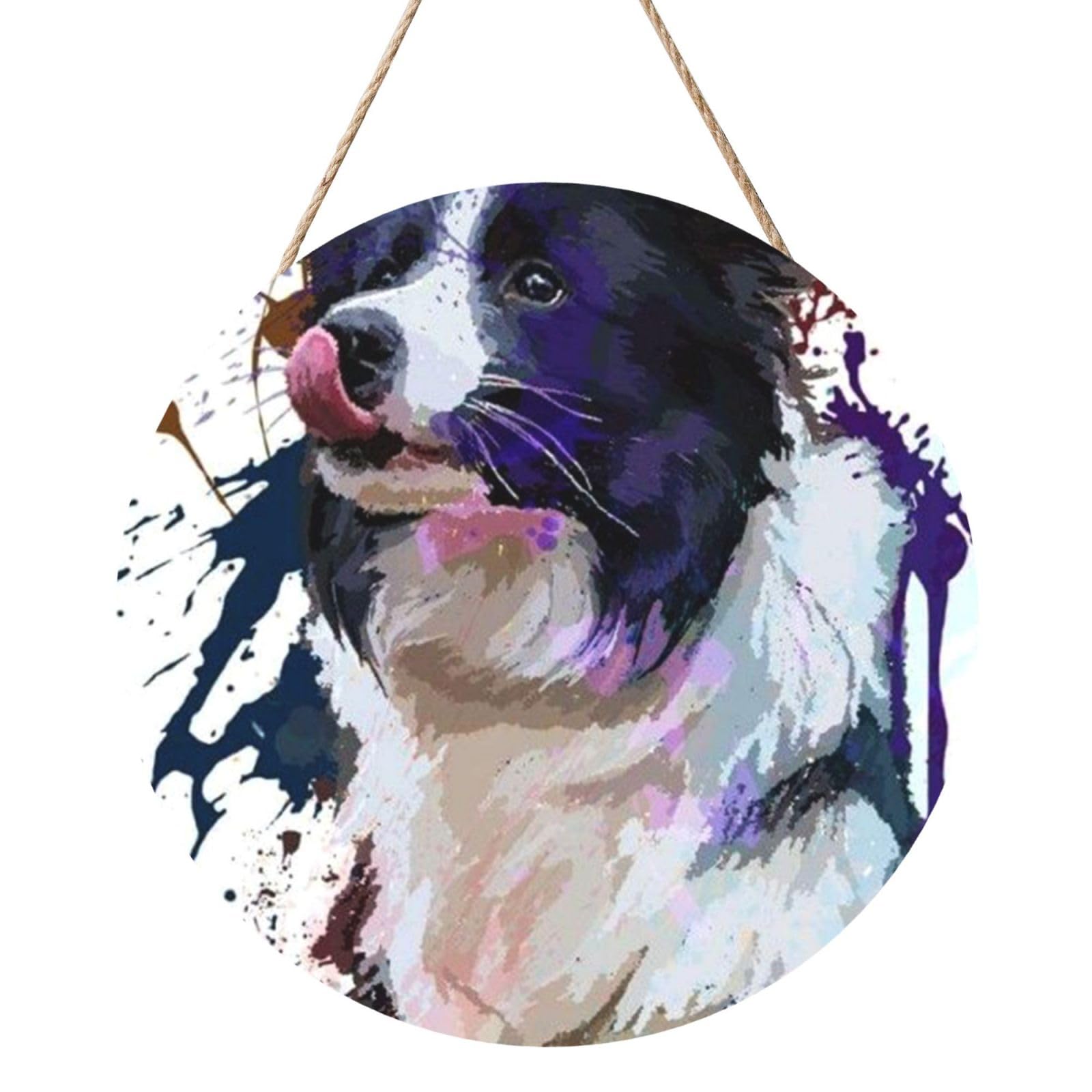 InOmak Border Collie Art Dog Painting, Round Wood Panel Painting 12 in, Wall Hanging Painting For Home
