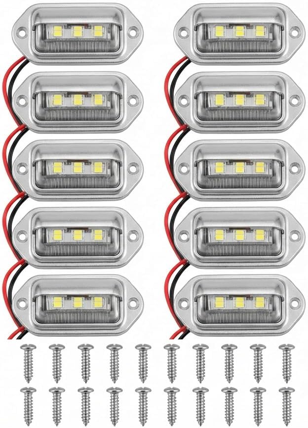 10 Packs White LED License Plate Light, 12V-24V 6 LED Waterproof License Plate Lamp Taillight for Truck SUV Trailer RV Trucks and Boats License Tags(Silver Housing)