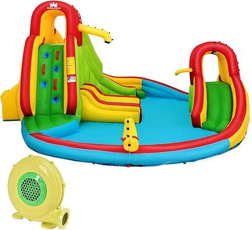 GLACER Casa inflable de rebote con 2 toboganes, 2 paredes de escalada, piscina de salpicaduras, cañón de agua, borde de baloncesto, incluye bolsa de