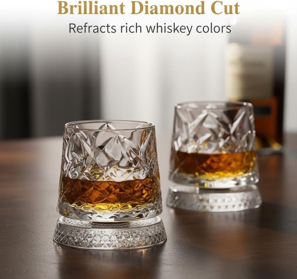 9 Oz Whiskey Glasses Thick Freezable Bourbon Glass Rotatable Tumbler Crystal Whiskey Glass For Scotch, Bourbon, Liquor and Cocktail Drinks - Set of 2 - Men Gift
