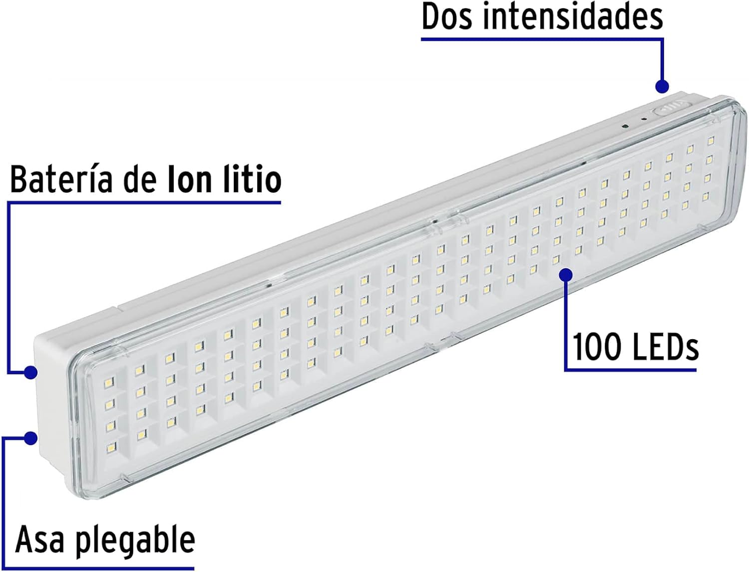 Volteck Rechargeable Emergency Lantern with labels pointing to its features: Lithium-Ion battery, foldable handle, 100 LEDs, and two intensity settings.