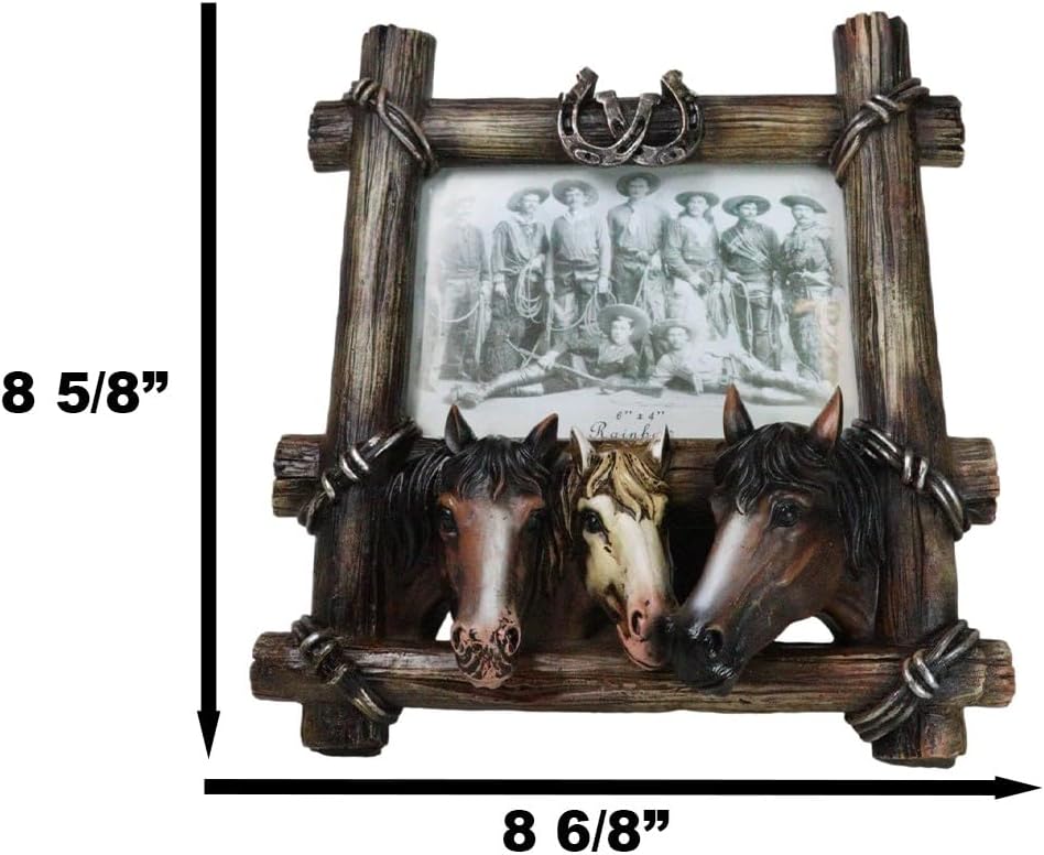 Ebros Gift Rustic Western Faux Barnwood Barbed Wire Borders Cowboy Equine Triple Horses with Lucky Horseshoes 6"X4" Picture Photo Frame Figurine Ranch Country Farmhouse Horse Themed Accent