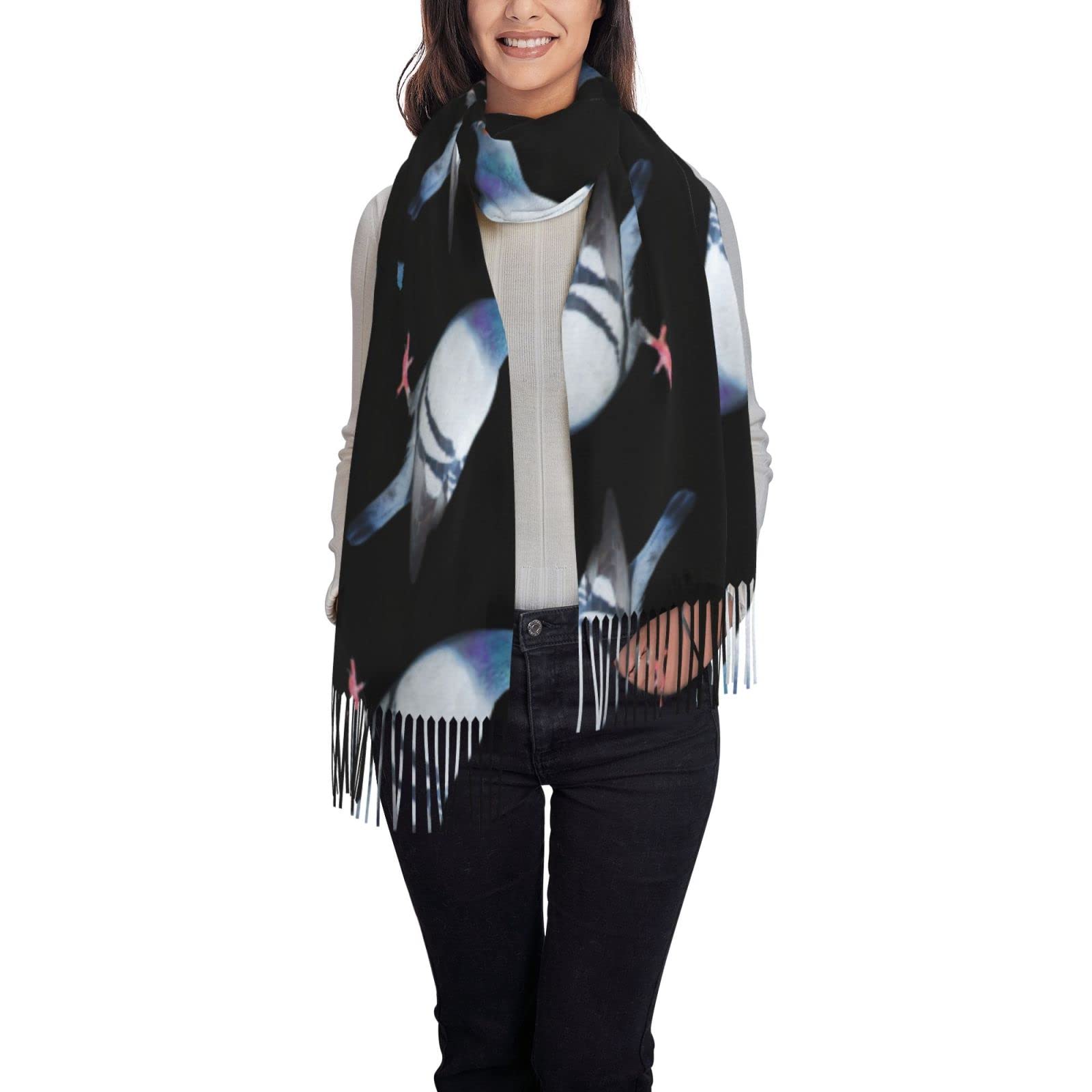 Ouyniei Pigeon Stylish Printed Scarf For Women - Soft Fringed Shawl Wrap, Winter Fashion Accessory & Gift
