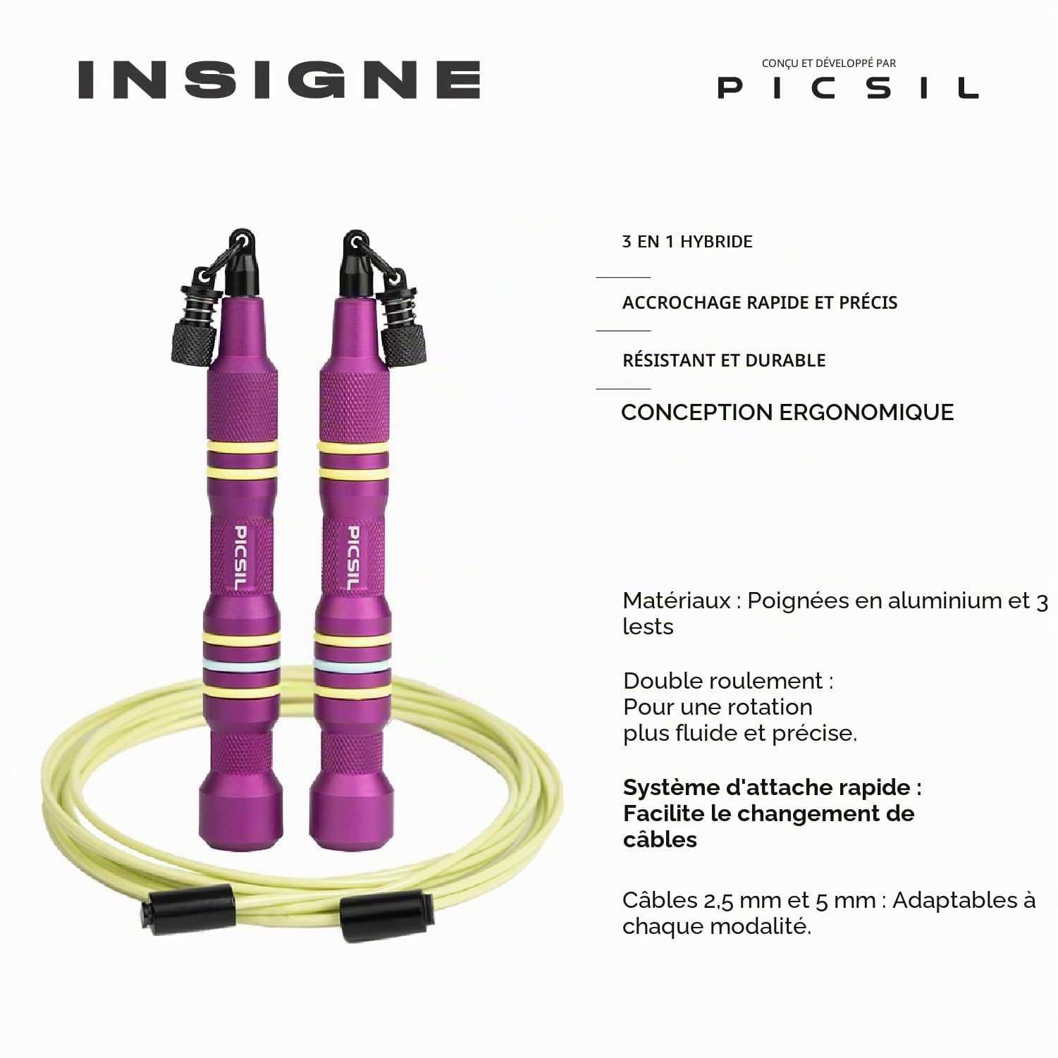 PICSIL Insigne, Corde à Sauter 3 en 1 et Accessoires | Mangos alu 76g, câble vitesse 2,5mm (63g), double roulement, changement rapide sans outil. Accessoires vendus séparément.