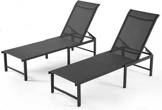 Aluminum Chaise Lounge Chair Outdoor Set of 2, Foldable & Assembly Free Outdoor Lounge Chairs with 5-Position Recliner, Pool Lounge Chairs for Outside Poolside Beach Lawn Dark Grey