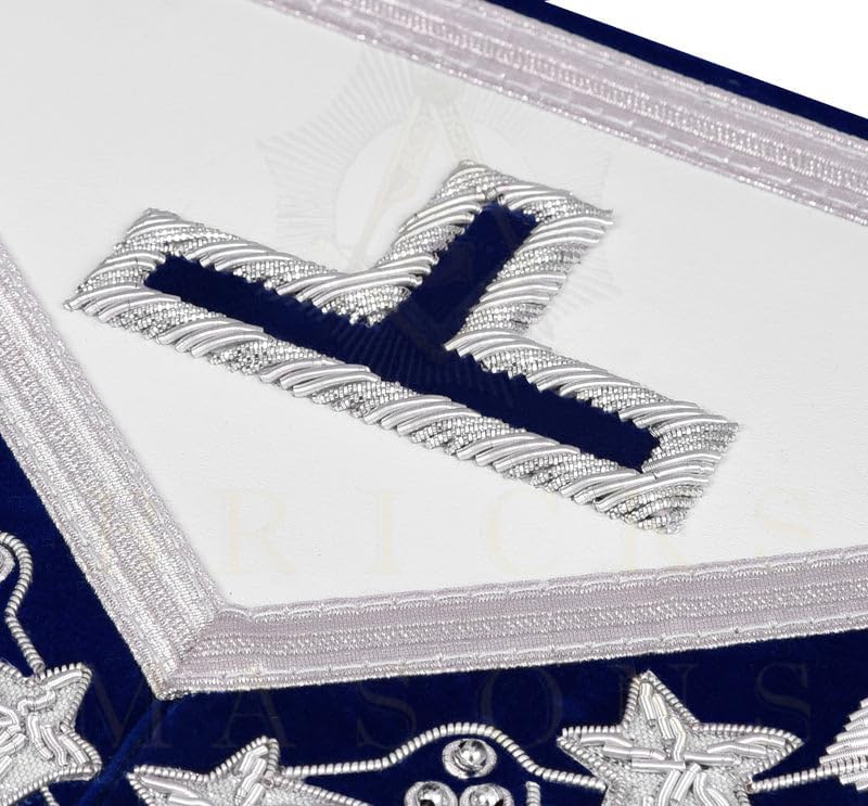 Bricks Masons Past Master Blue Lodge Apron White Base Navy Velvet Border Silver Hand Embroidered Pillars with Fringe