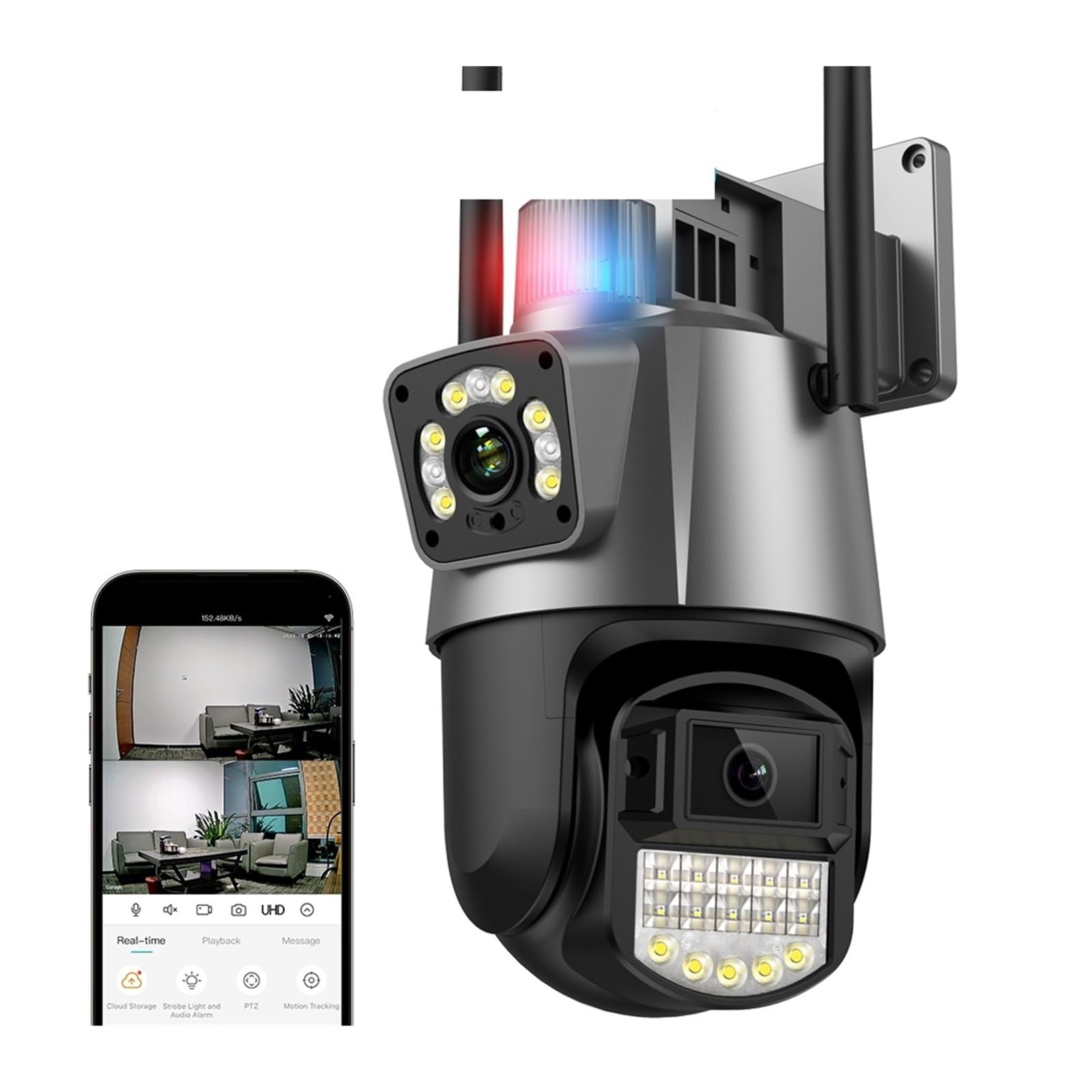 Kamera bezpieczeństwa zewnętrzna, 4K 8MP HD kamera PTZ podwójny obiektyw podwójny ekran kamera zewnętrzna AI automatyczne śledzenie 4MP nadzór wideo światło policyjne Alarm Kamera bezpieczeństwa domow