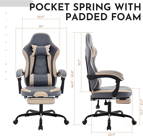 Miniatura 2 de Beige Gaming Chair Ergonomic Computer Chair with Footrest  Lumbar Support, Height Adjustable Game Chairs with 360-Swivel Seat and Headrest for