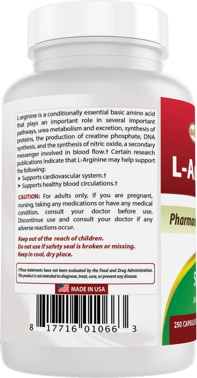 Best Naturals L-Arginine 500mg 250 Capsules - Pharmaceutical Grade L Arginine supplement promotes nitric oxide synthesis — Amazon image 7