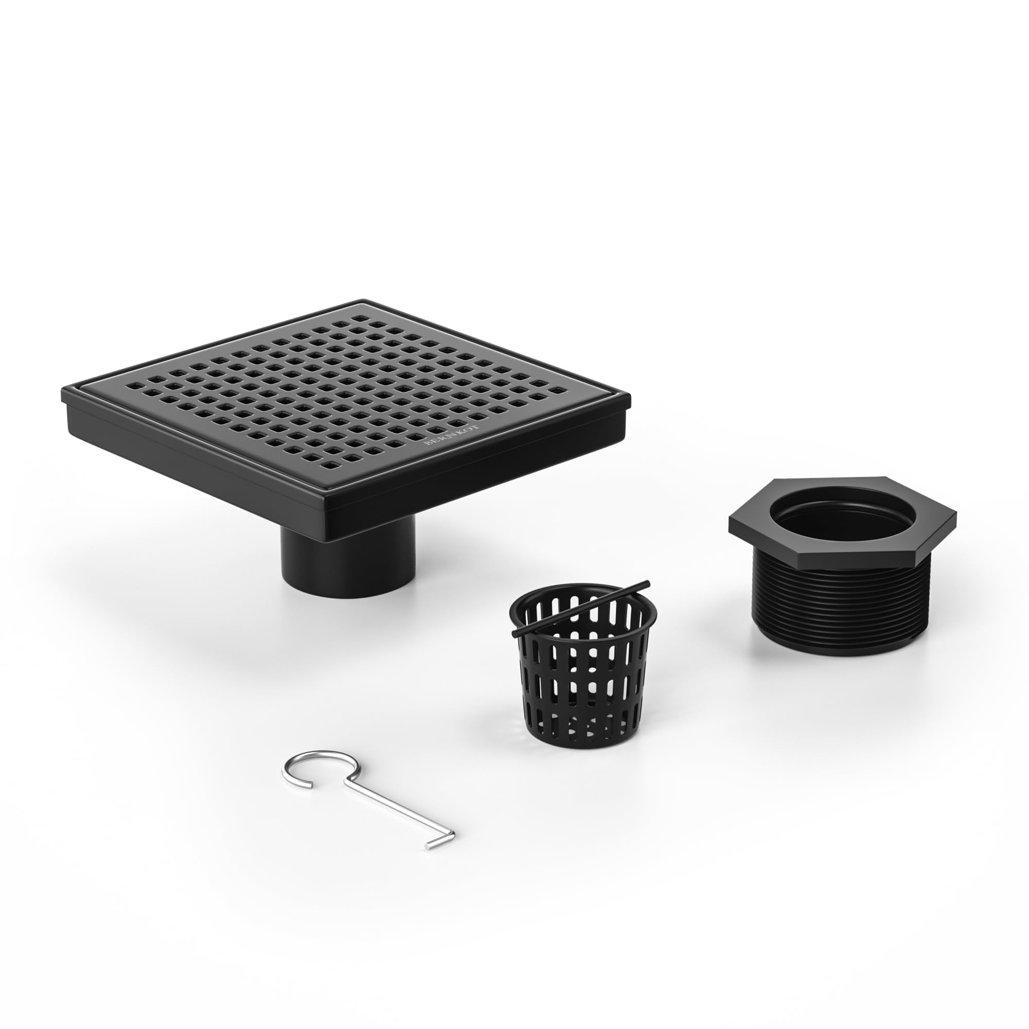 Bernkot Square Shower Drain 6", 304 Stainless Steel Floor Drain with Grid Drain Cover & Hair Strainer, Shower Drain w/CUPC Certified, Matte Black