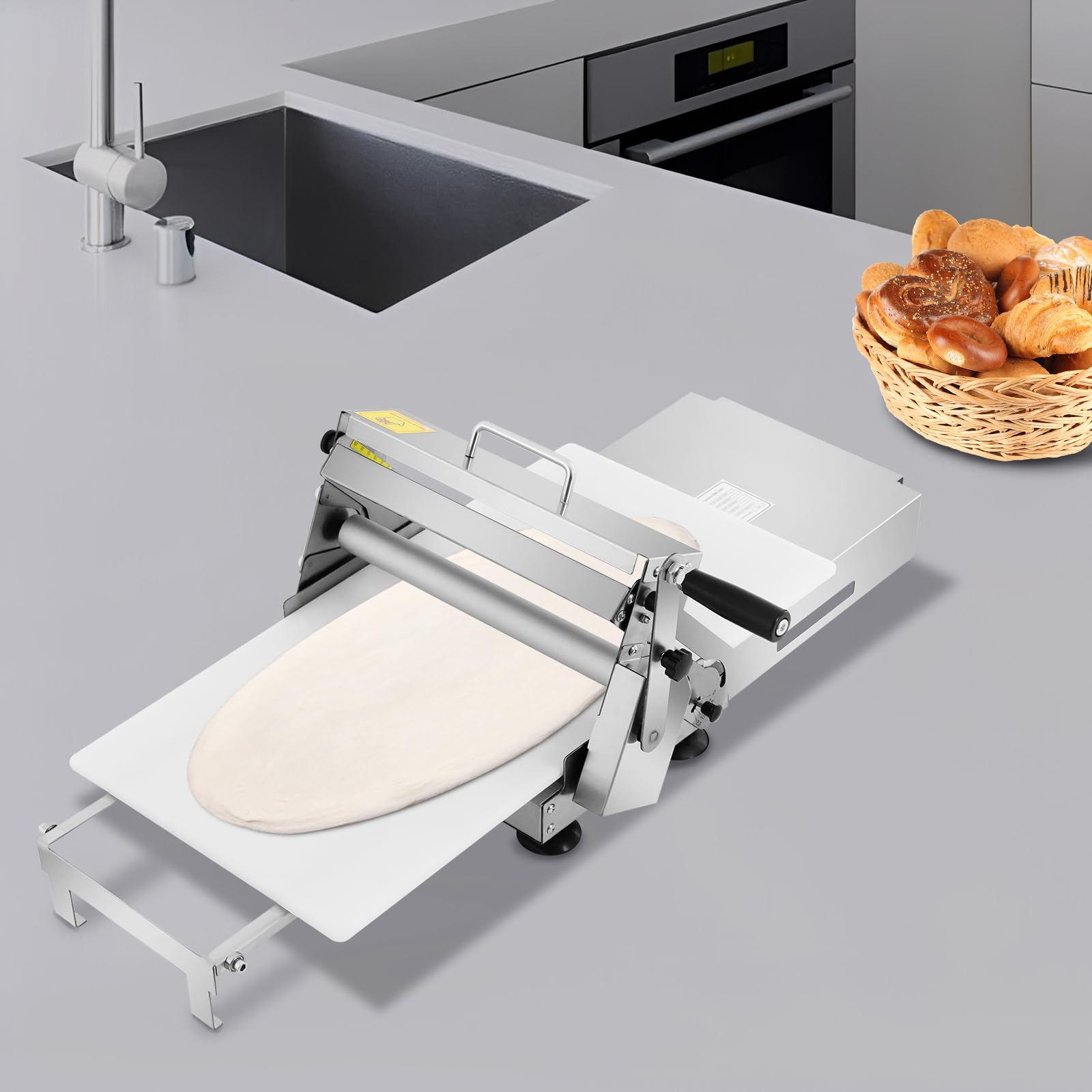 Teigausrollmaschine, Edelstahl Manuell Teigausrollmaschine mit Einstellbarer Dicke, Pizza Teigausroller, Pizzateigroller, Manuelle Teigstärke, für Geschäfte und Food Courts