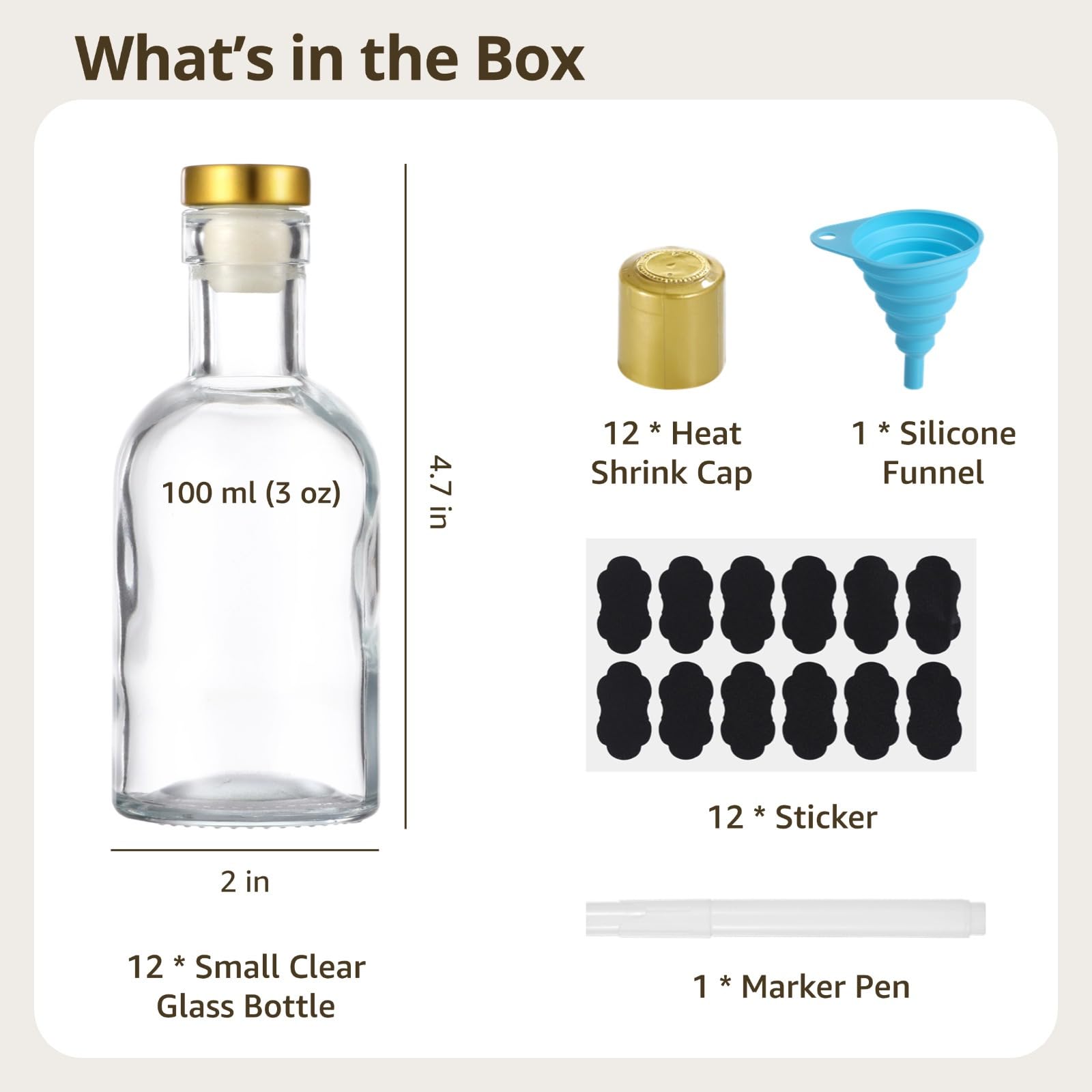 Set di 12 bottiglie in vetro trasparente da 85 ml, mini contenitori per liquori con tappo a T, tappi termoretraibili e coperchi ermetici per liquori, vino, birra, tè e altro ancora