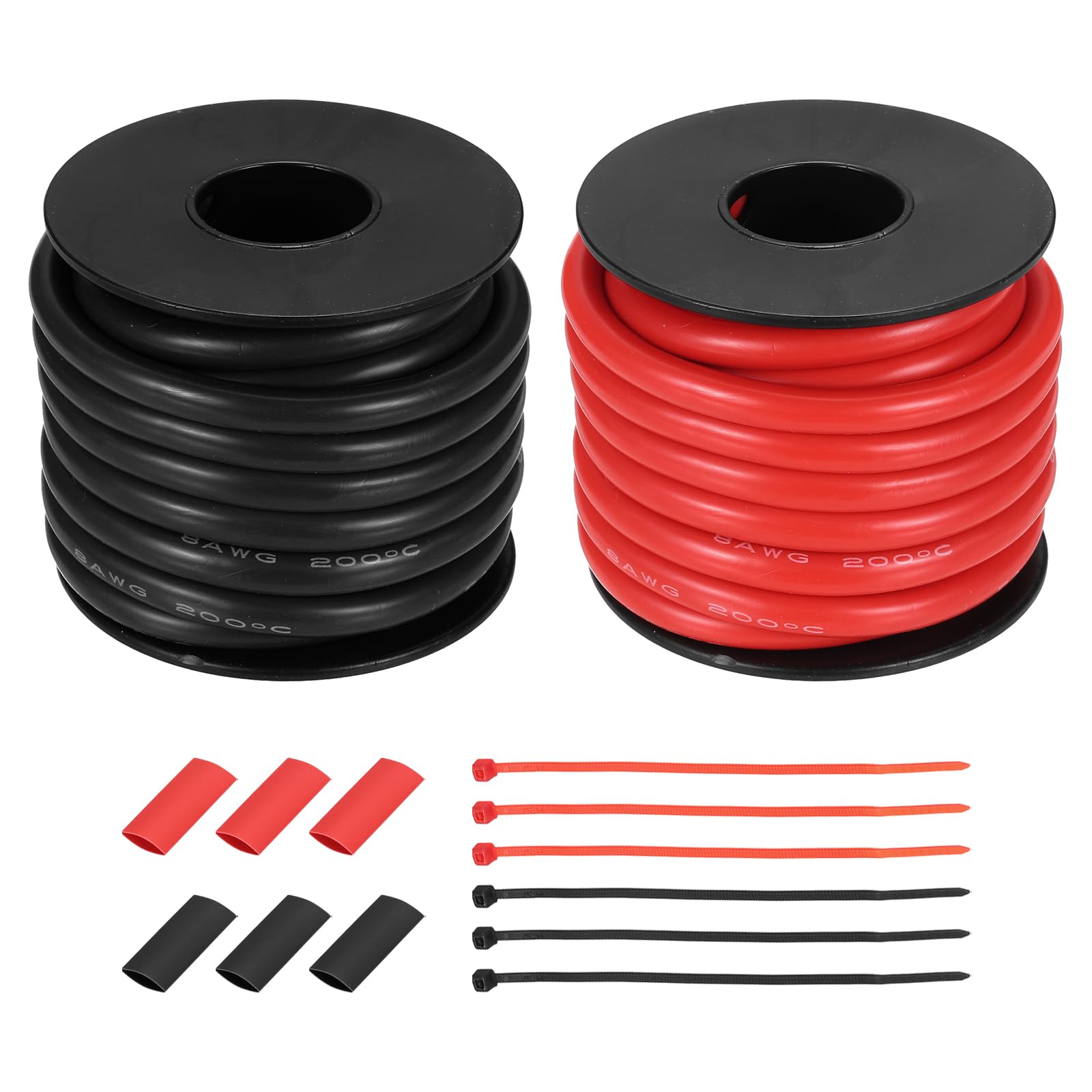 sourcing map 2pcs 8 AWG Silicone Electrical Wire Spool, 8 Gauge 4.6m/15ft Tinned Copper Electrical Wires with Heat Shrink Tubing & Cable Ties for Automotive, RV Inverter - Red & Black