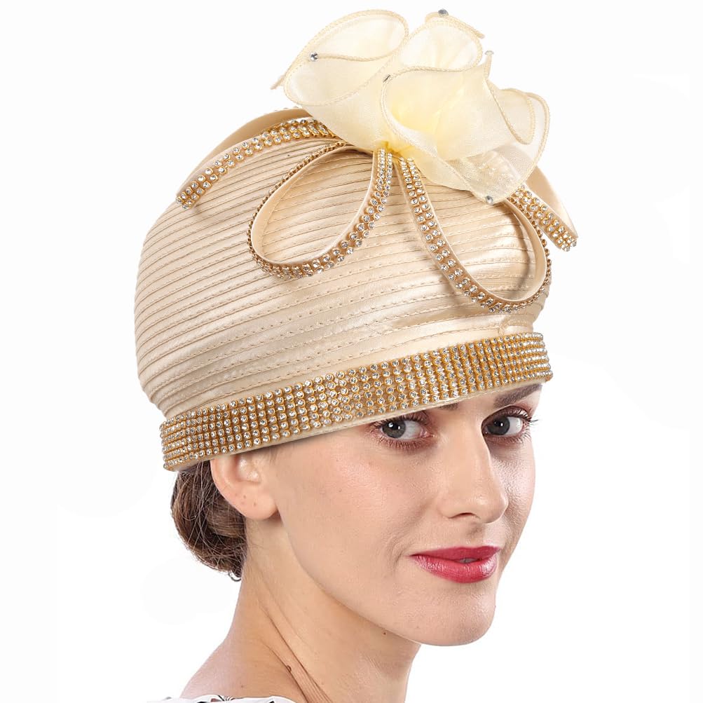 FORBUSITE Derby Hat for Women Church Hats with Rhinestone Apricot