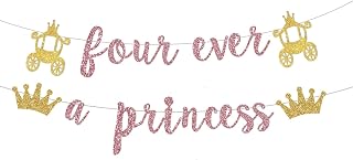 Pre-Strung Four Ever A Princess Rose Gold Glitter Banner - 2 Pcs Princess Crown Carriage 4th Birthday Decor for Girls