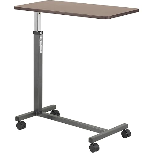 Drive Medical 13067 Non Tilt Top Overbed Table with Wheels and Secure Height Adjustment,Tray Table for Hospital or Home Use, Bedside Rolling Overbed Table, Silver Vein
