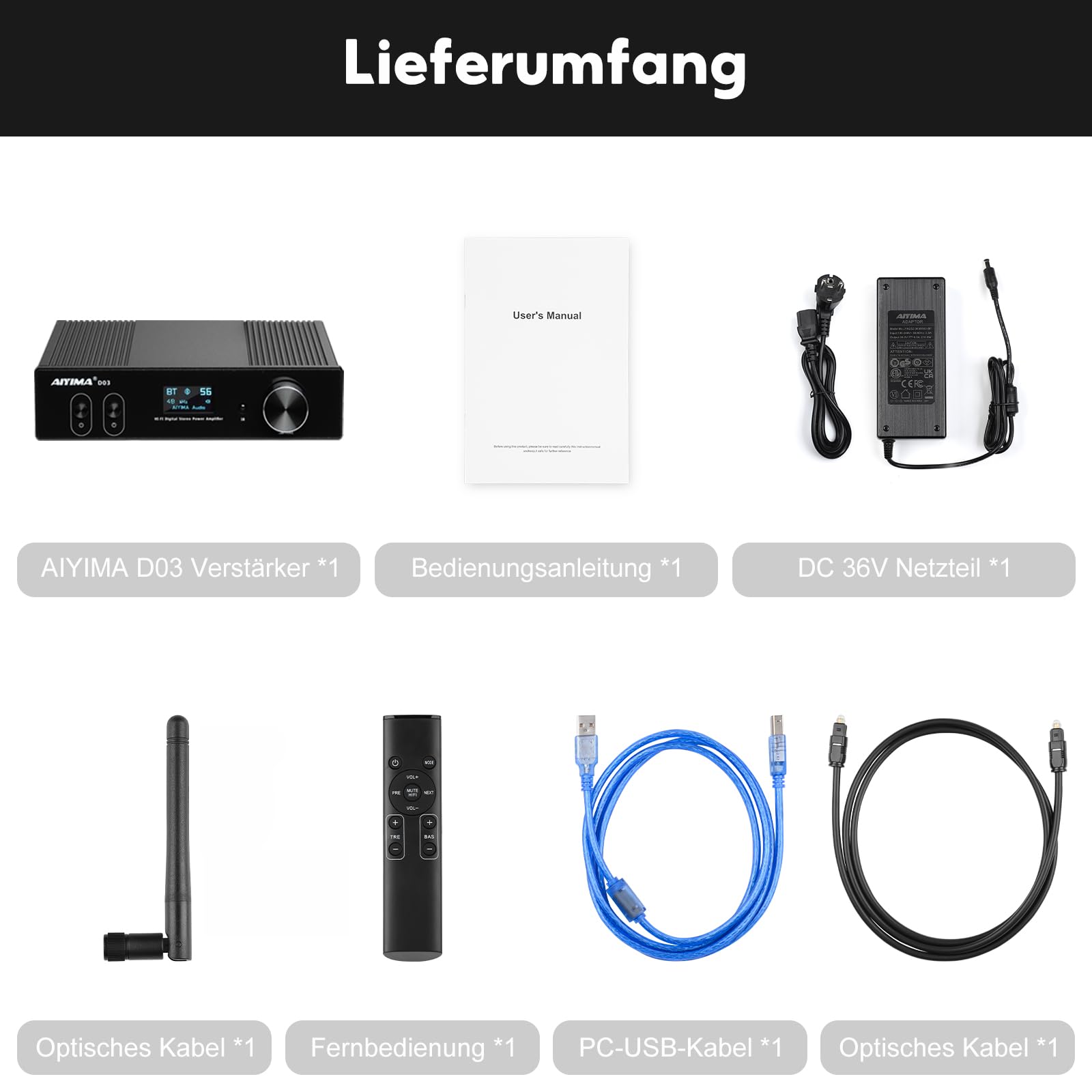 AIYIMA D03 Bluetooth 5.2 Digital-Verstärker 150Wx2 Stereo HiFi 2.0/2.1 CH Desktop Sound Amplificador 24Bit/192kHz Class D Power Amplifier USB DAC Coaxial Optical OLED AptX Support Subwoofer