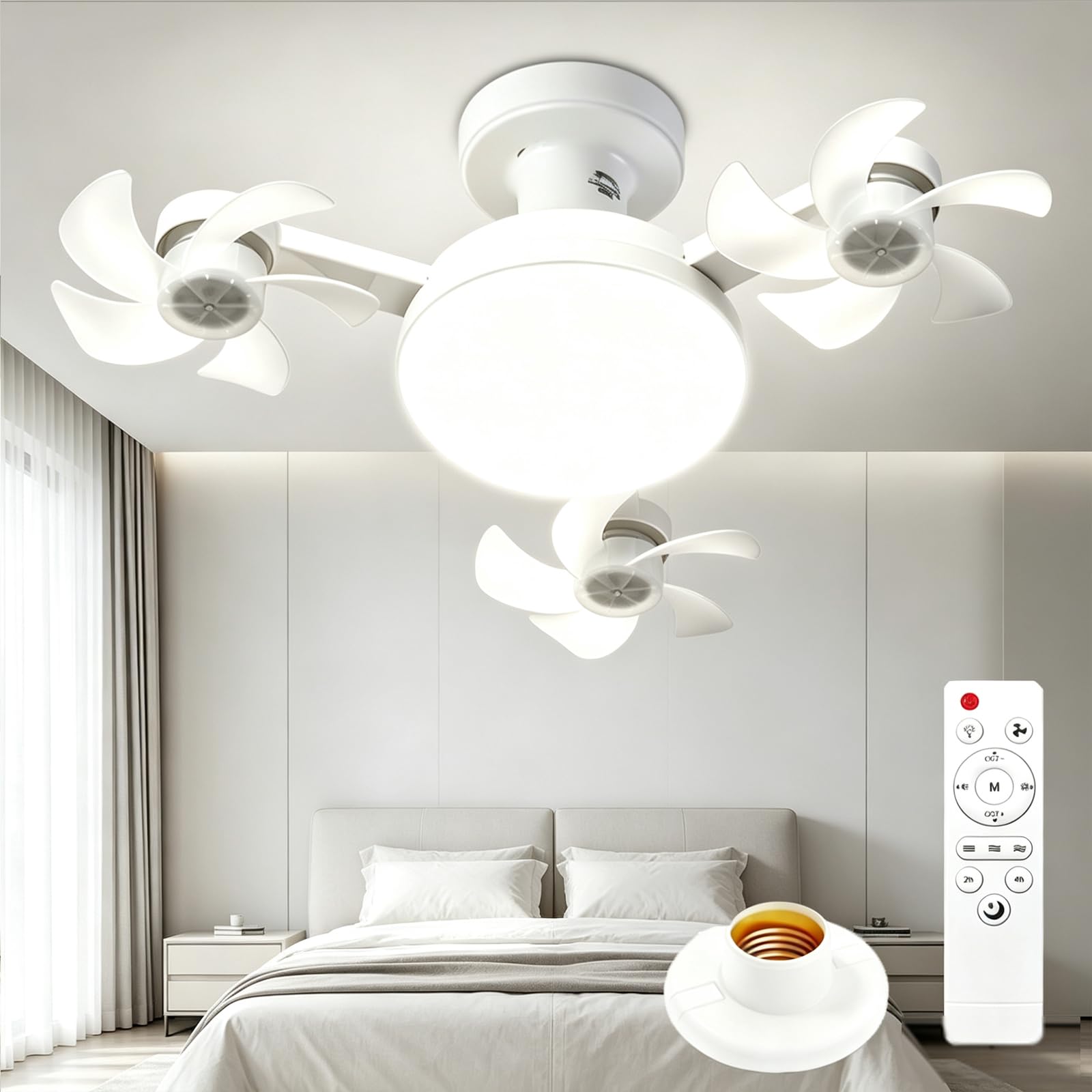 ANBTUKJ Ceiling Fan Light with Remote E27 Socket Fan Lamp, 3-Head 50W 3 Speeds Dimmable Quiet Timer, for Bedroom Closet Garage