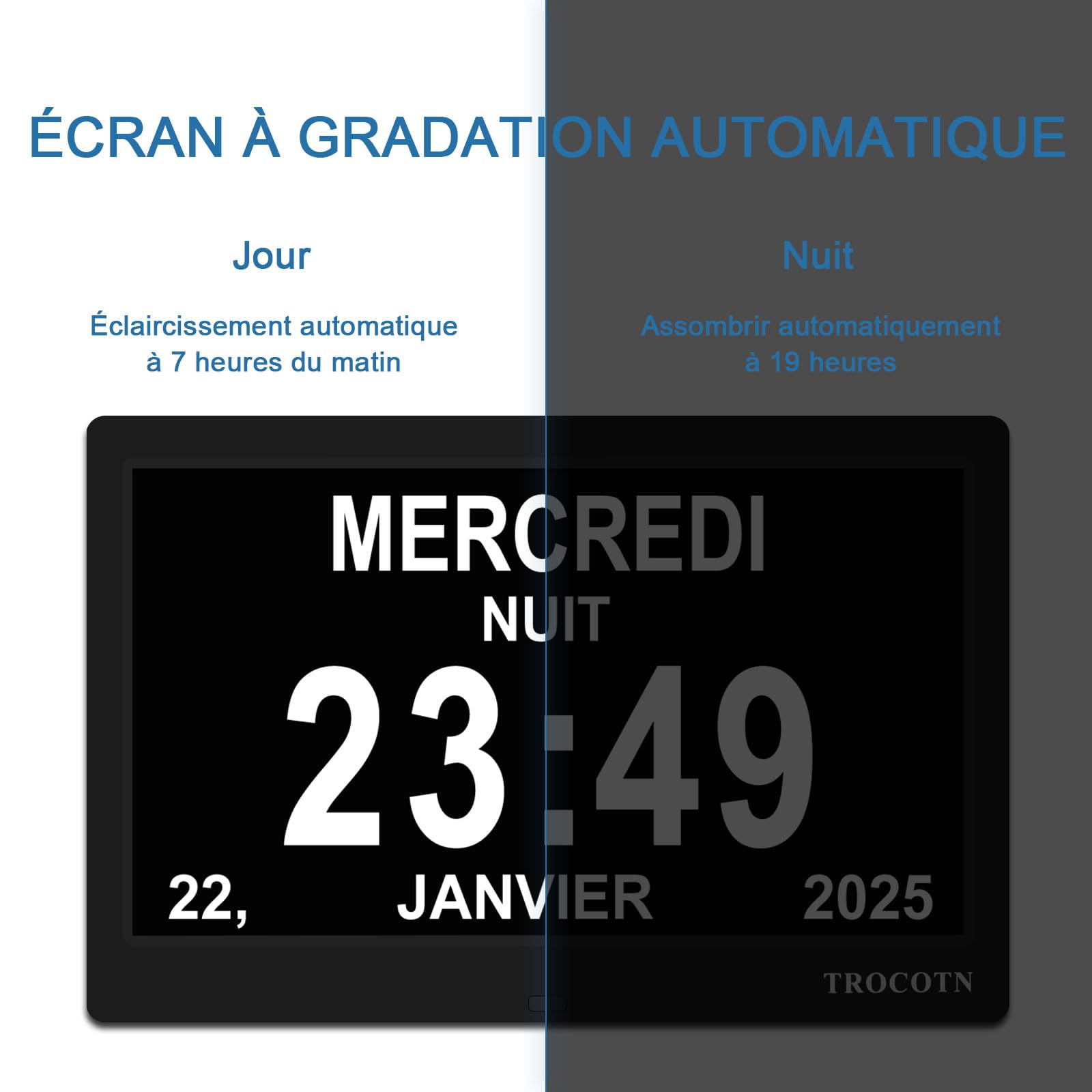 TROCOTN Horloge numérique Horloge de Jour Grand écran réveil Murale (Noir, 10 Pouces)