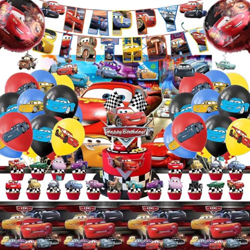52Pcs Cars Birthday Party Supplies Party Decorations Set Include Banner Backdrop Balloons Hanging Swirls Cake Cupcake Toppers Tablecloth for Boys Girls Cars Theme Party