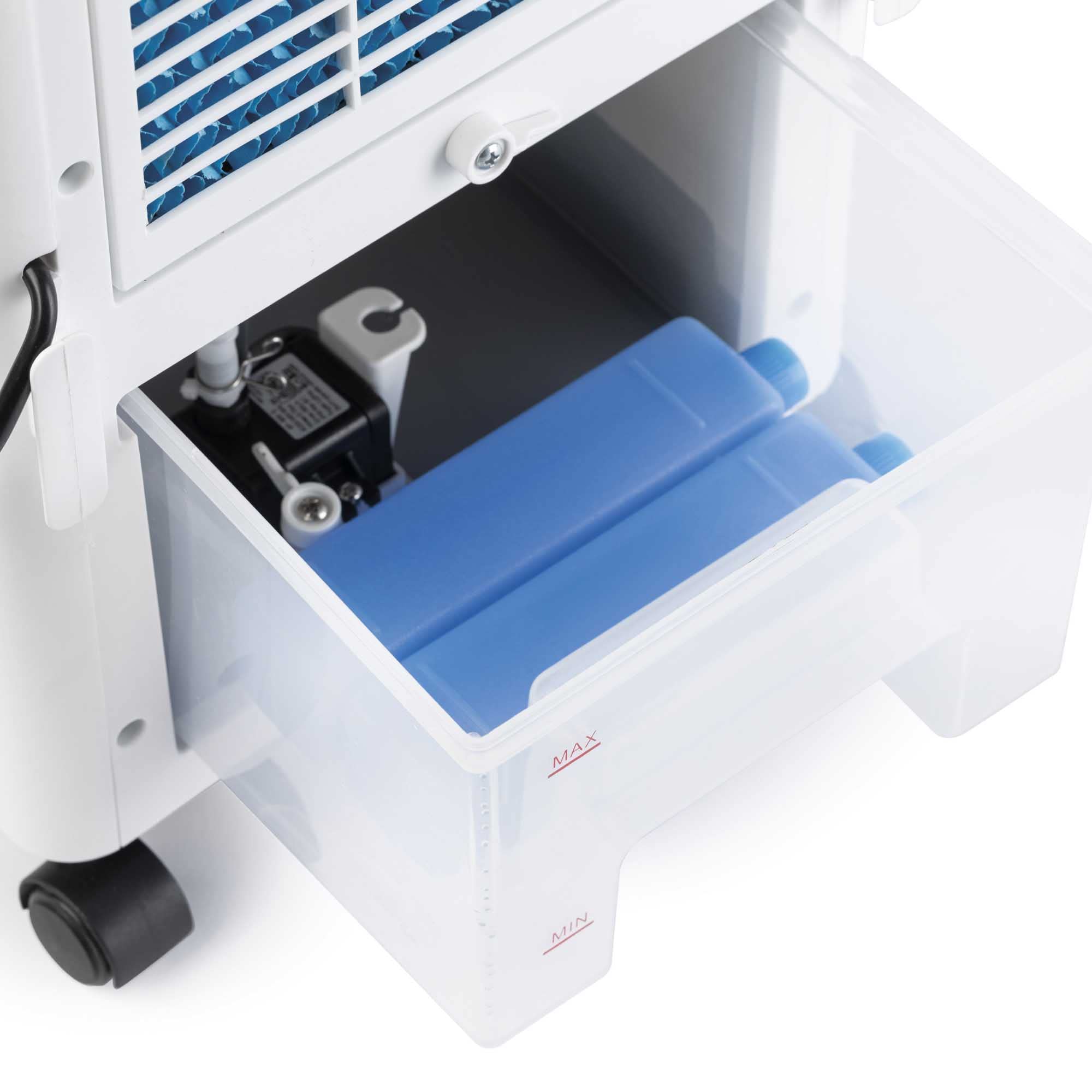 JATA JVAC2003 - Climatizador Portátil, purificador y humidificador. Enfriador de aire. Evaporativo. 3 velocidades. 6 L. Acumuladores para hielo. Silencioso Blanco