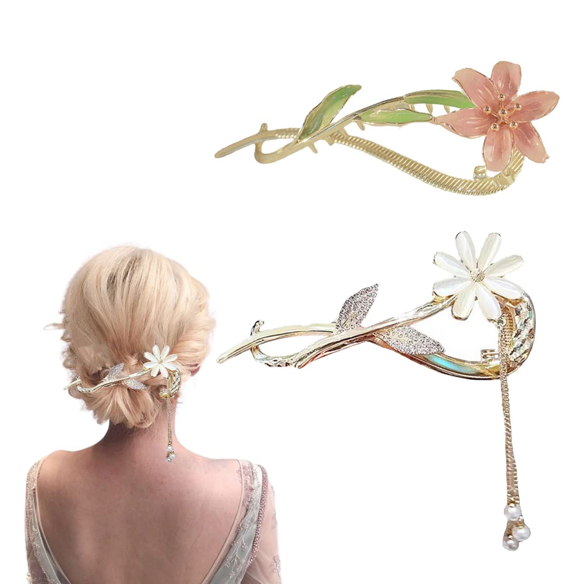 bacchette per capelli, Clip N twist francese, fermaglio for capelli, forcine for fissare lo chignon, bastoncini for capelli con fiori, accessori for forcine for donne e ragazze(Style 3)